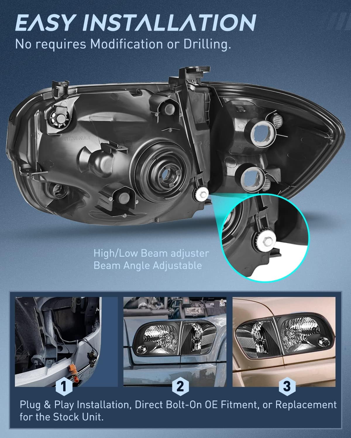 Nilight Headlight Assembly for 2005 2006 Toyota Tundra 4 Door Double Crew Cab 2005 2006 2007 Sequoia Pickup Replacement Black Housing Clear Reflector Driver and Passenger Side, 2 Years Warranty - Image 6