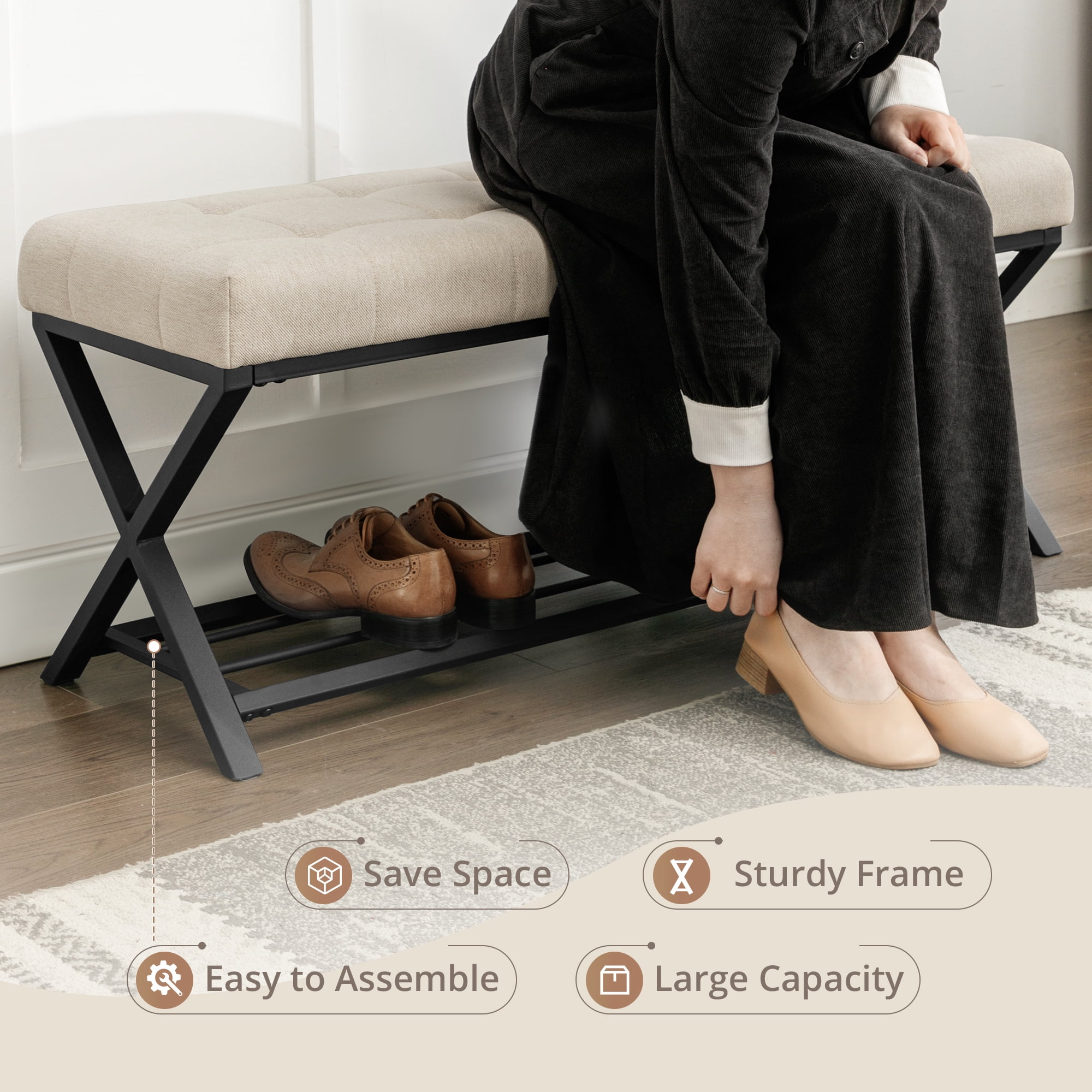 Dycanpo 44.5" End of Bed Bench,Tufted Upholstered Bench with Shoe Shelf, Linen Color - Image 6