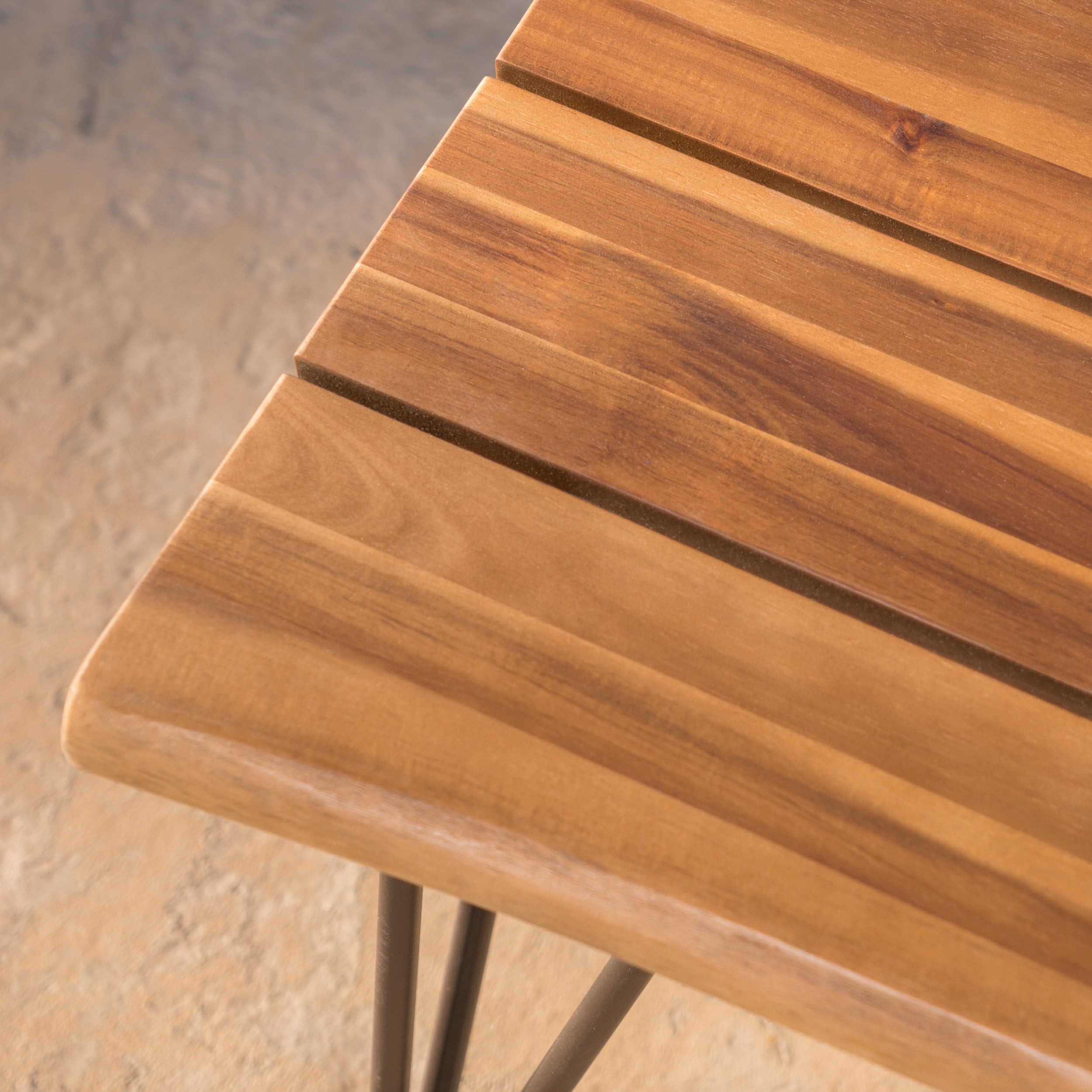 Zenith Outdoor Industrial Coffee Table, Teak Finish, Rustic Metal - Image 4