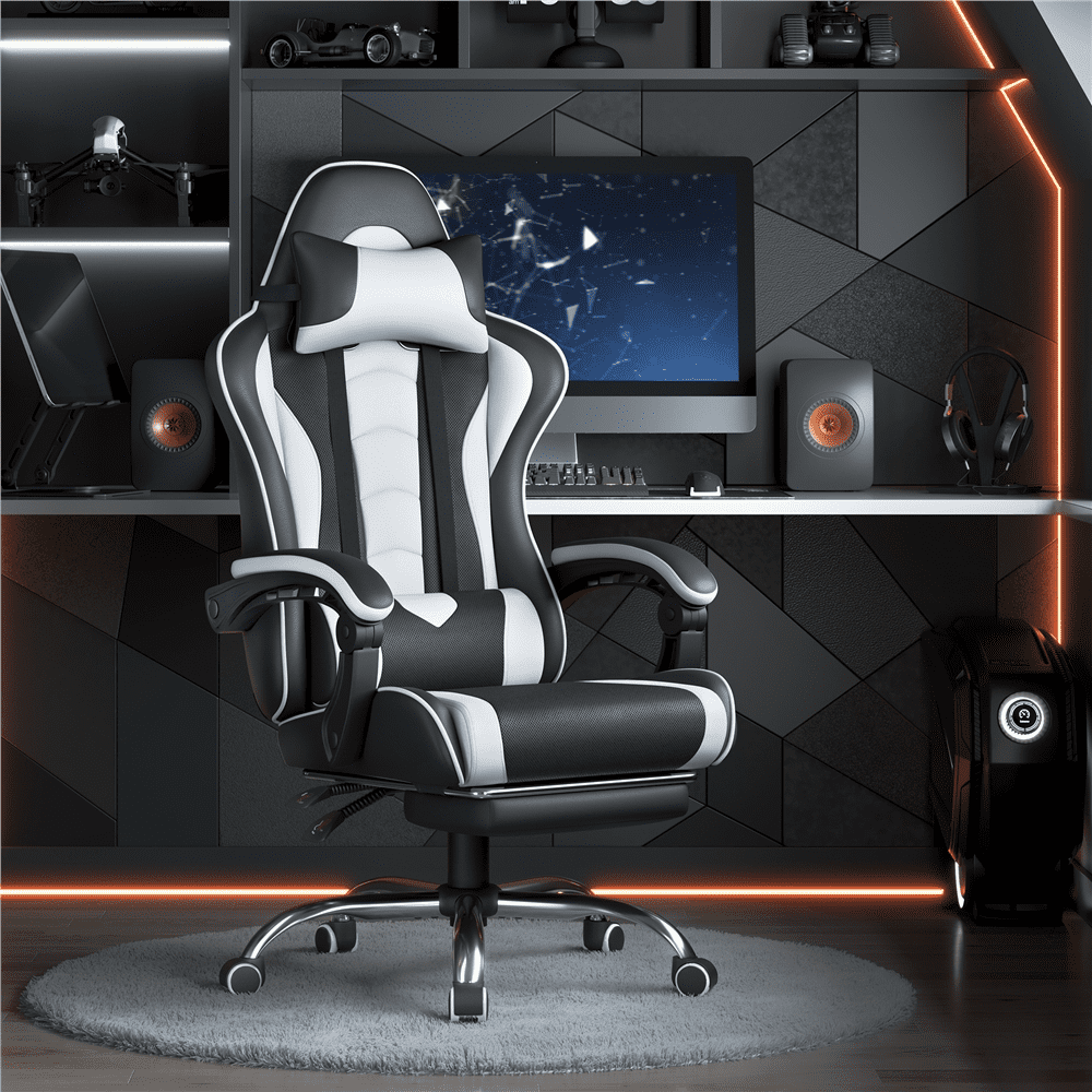 Alden Design Ergonomic Gaming Chair with Slide Out Footrest, Black/White - Image 4