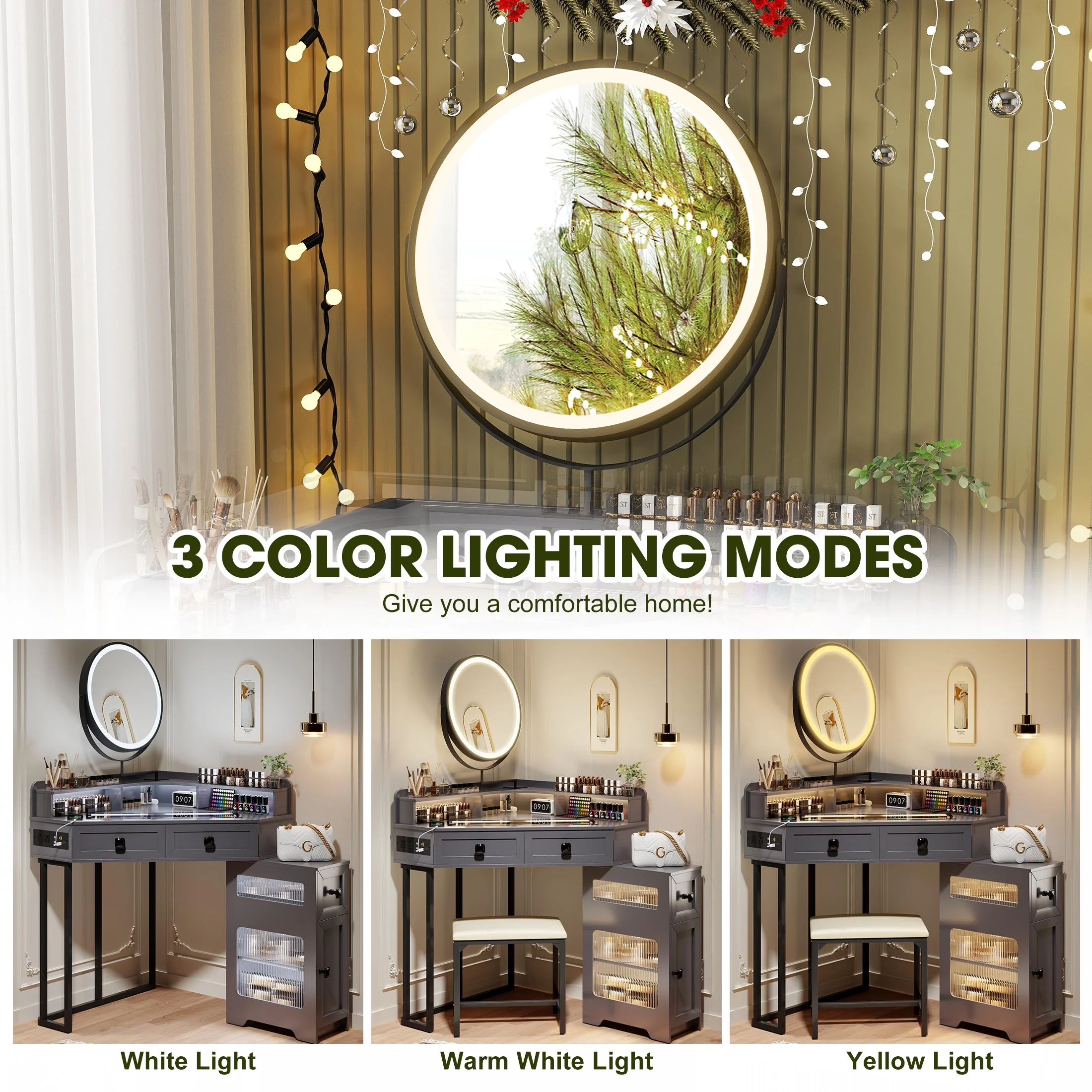 Aukfa Corner Vanity Desk with Mirror, LED Lights, Drawers & Outlet, Vanity Table for Girls, Gray - Image 2