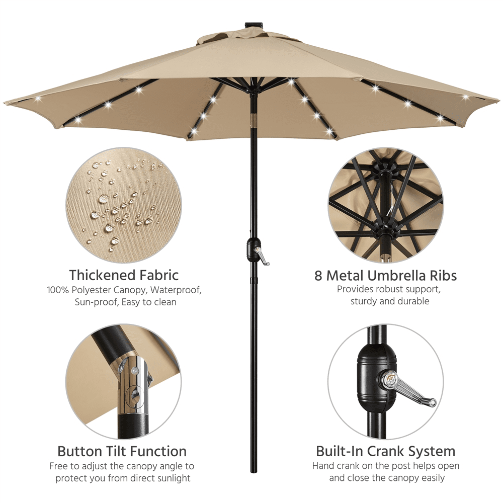 Renwick 9ft Outdoor Market Patio Umbrella with 32 LED Lights, Tan - Image 6