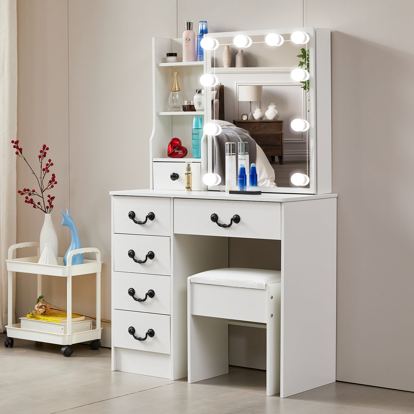 JBLCC Modern Vanity Set with Mirror and Lights, White Vanity Desk with Stool for Women Girls, Makeup Vanity Table with Shelves and 5 Drawers for Bedroom - Image 9