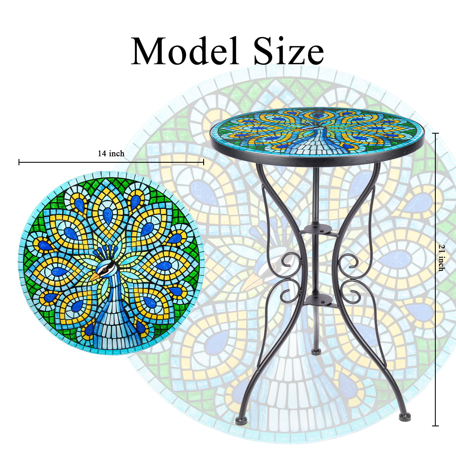 Peacock Glass Side Table for Garden, Outdoor Plant Stand Mosaic Accent Table Round Small End Table for Living Room Porch Balcony Garden - Image 8