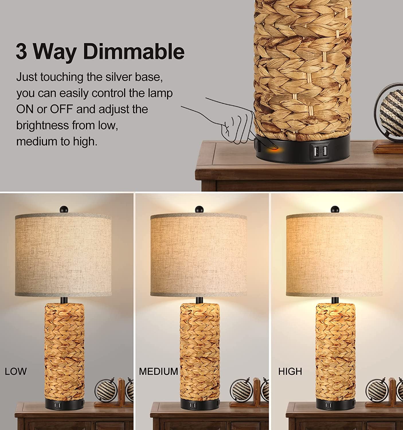 Partphoner 26'' Tall Coastal Farmhouse Touch Table Lamps Set of 2 with 3 Way Dimmable, 2 USB Ports - Image 6