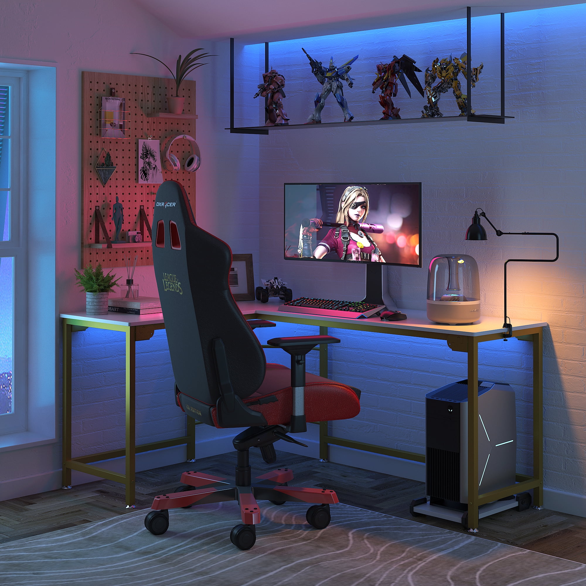 GEZEN L-Shaped Corner Computer Desk Office Workstation Modern Wooden Home Study Writing Table Laptop Desk - White with Gold Frame - Image 8