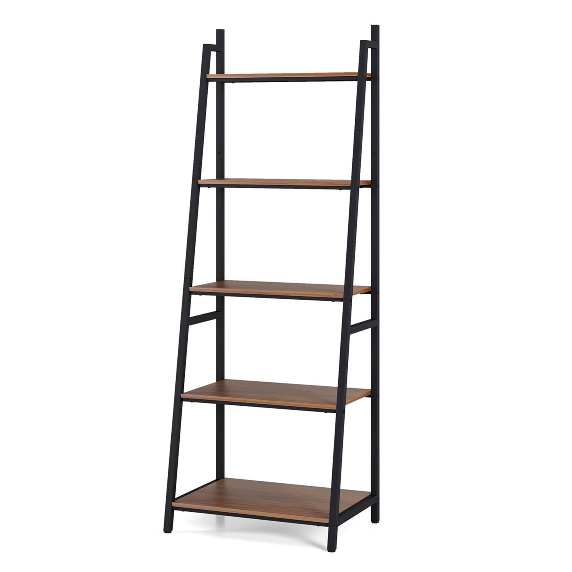 Costway Industrial Ladder Shelf Rustic 5 Tier Leaning Bookshelf Wood Metal Bookcase - Image 2