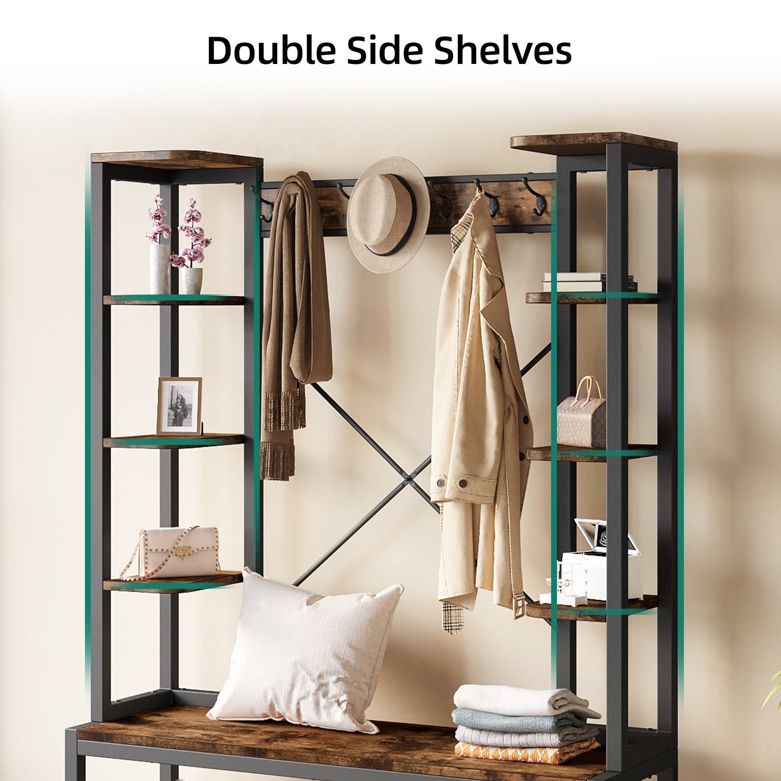 Dextrus Entryway Coat Rack with Bench and Shoe Storage, 5-in-1 Coat Tree with 16 Hooks, Rustic Brown - Image 3