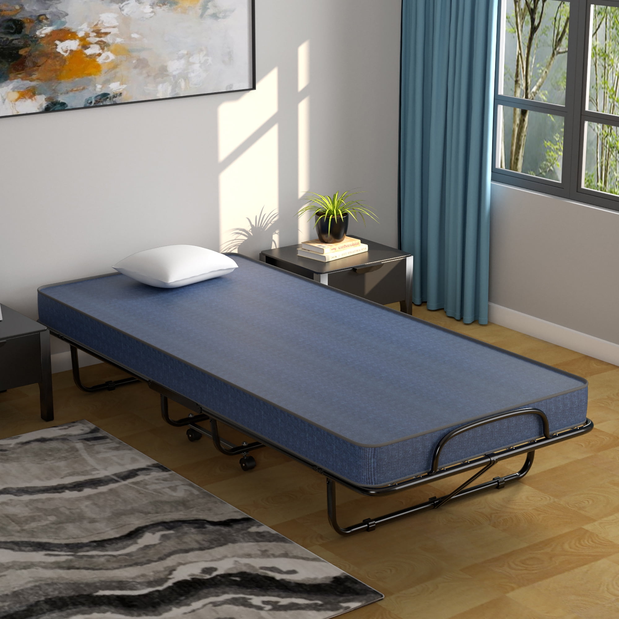 Gymax Folding Bed with Mattress Portable Rollaway Guest Cot Memory Foam Made in Italy Navy - Image 9