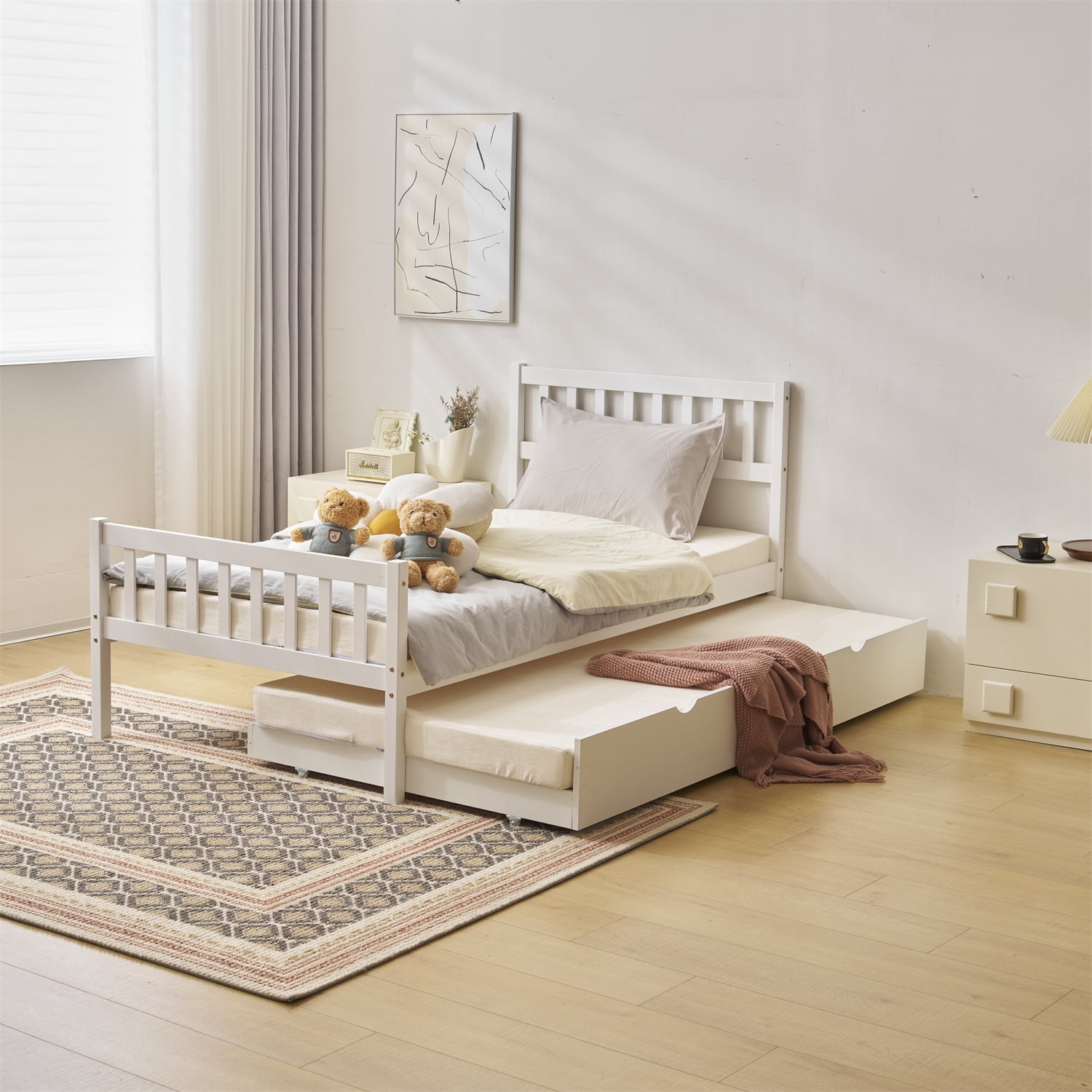 Zimtown Twin Bed with Trundle, Solid Wood Bed Frames with Headboard and Wooden Slats Support, Twin Trundle Bed Frame Roll Out, White - Image 4