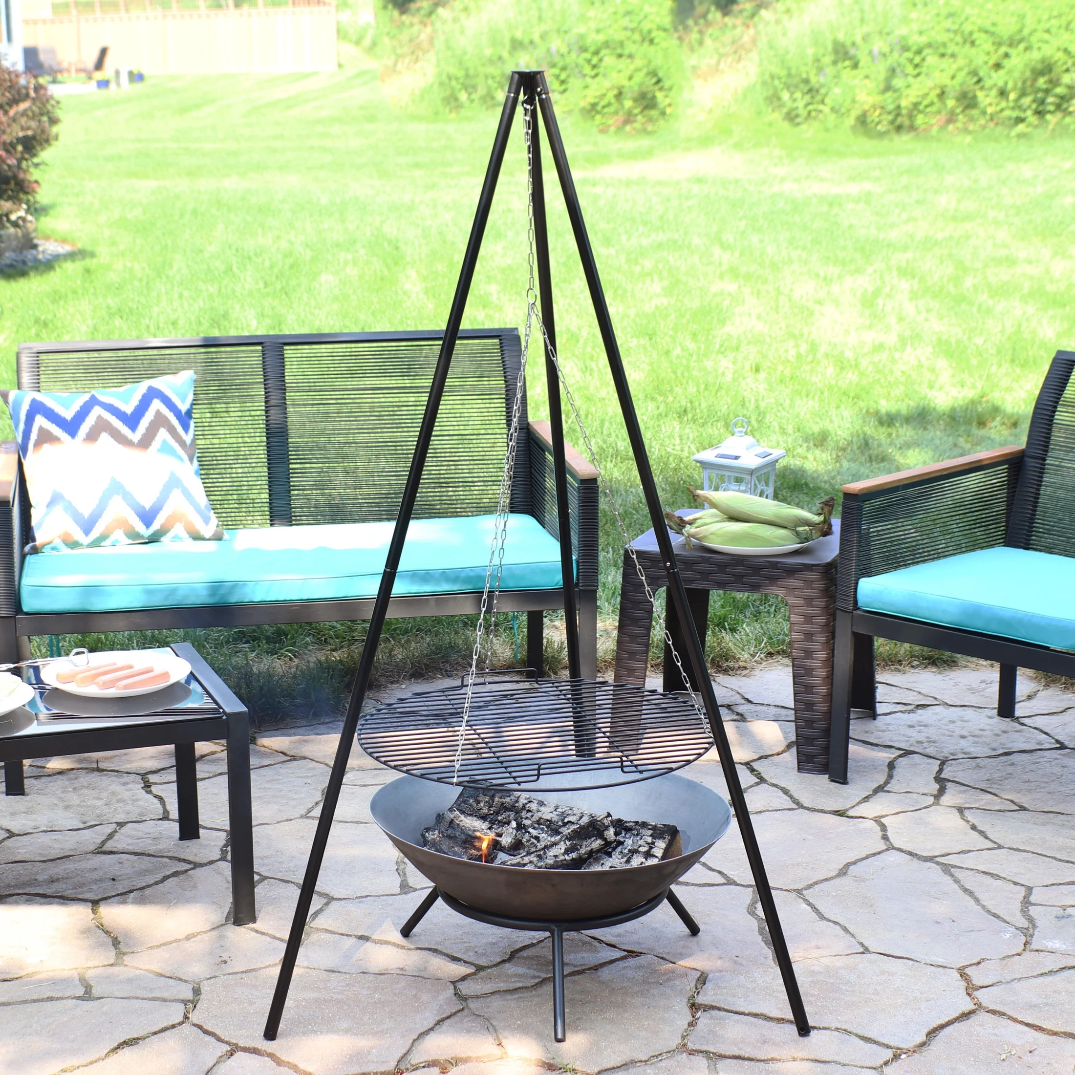 Sunnydaze 22" x 22" Powder-Coated Steel Black Round Tripod Fire Pit Cooking Grill System - Image 8