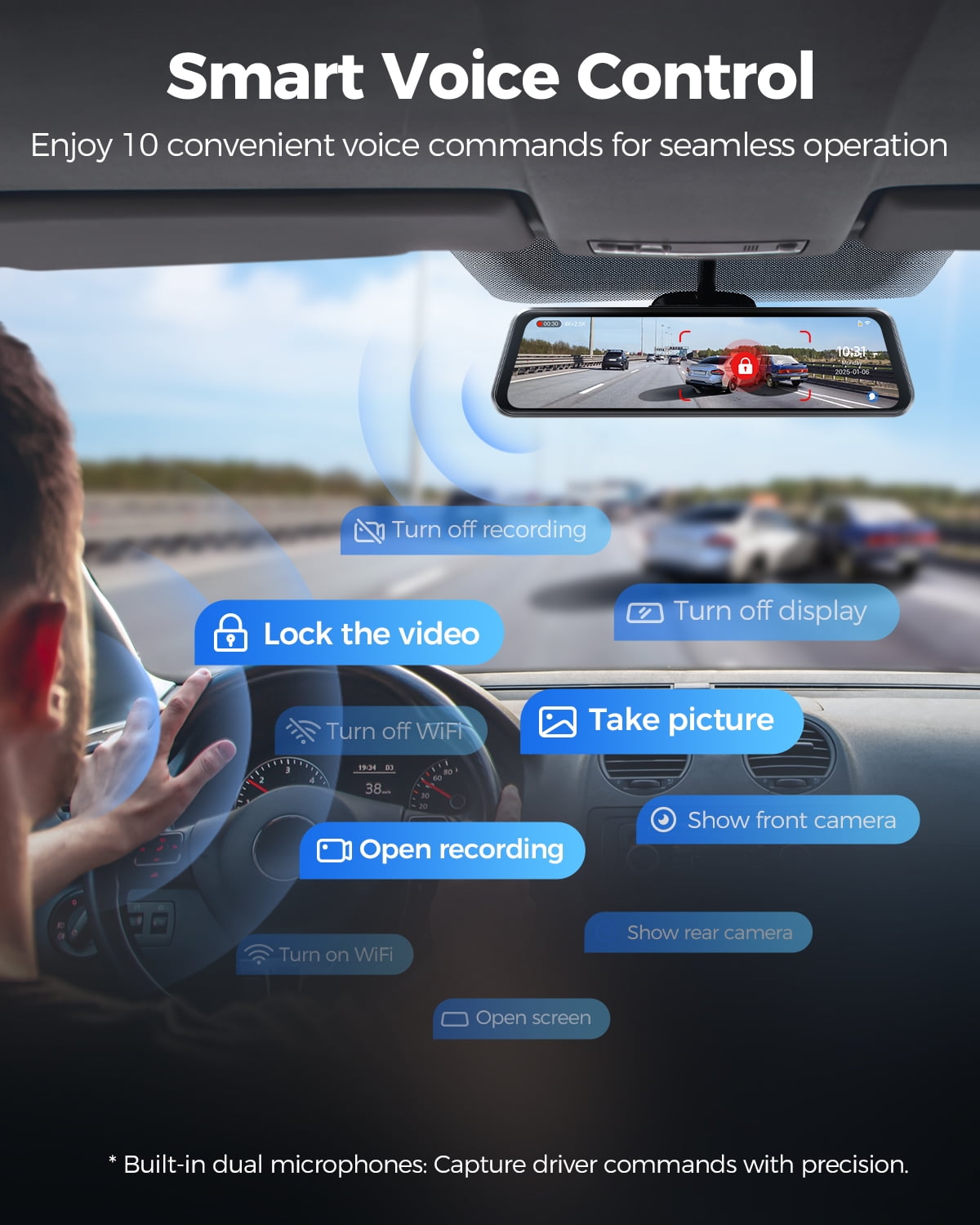AZDOME Rear View Mirror Dash Cam, Dual Camera 4K Front and 1080P Rear Camera, 12'' Mirror Dash Cam with Night Vision, Built-in Wi-Fi GPS, Free 64GB Card, Parking Monitor - Image 6