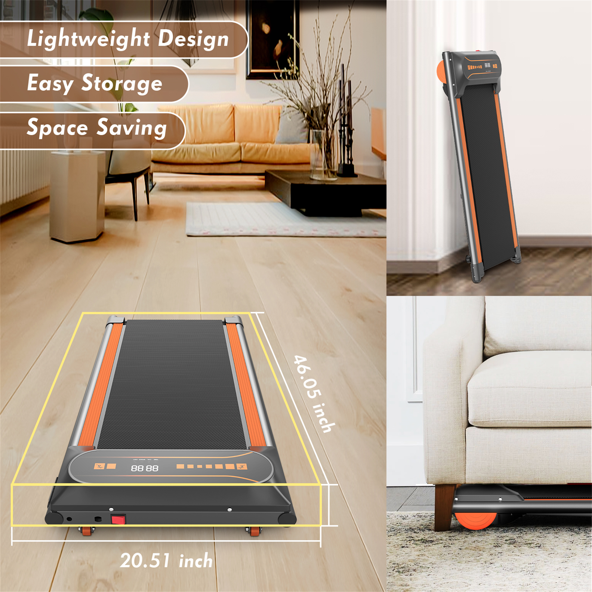 Aukfa Walking Pad Treadmill with Incline, Under Desk Treadmill Portable Treadmill for Home Office Walking Running, 265 lb Capacity, 4 mph Speed, Orange - Image 6