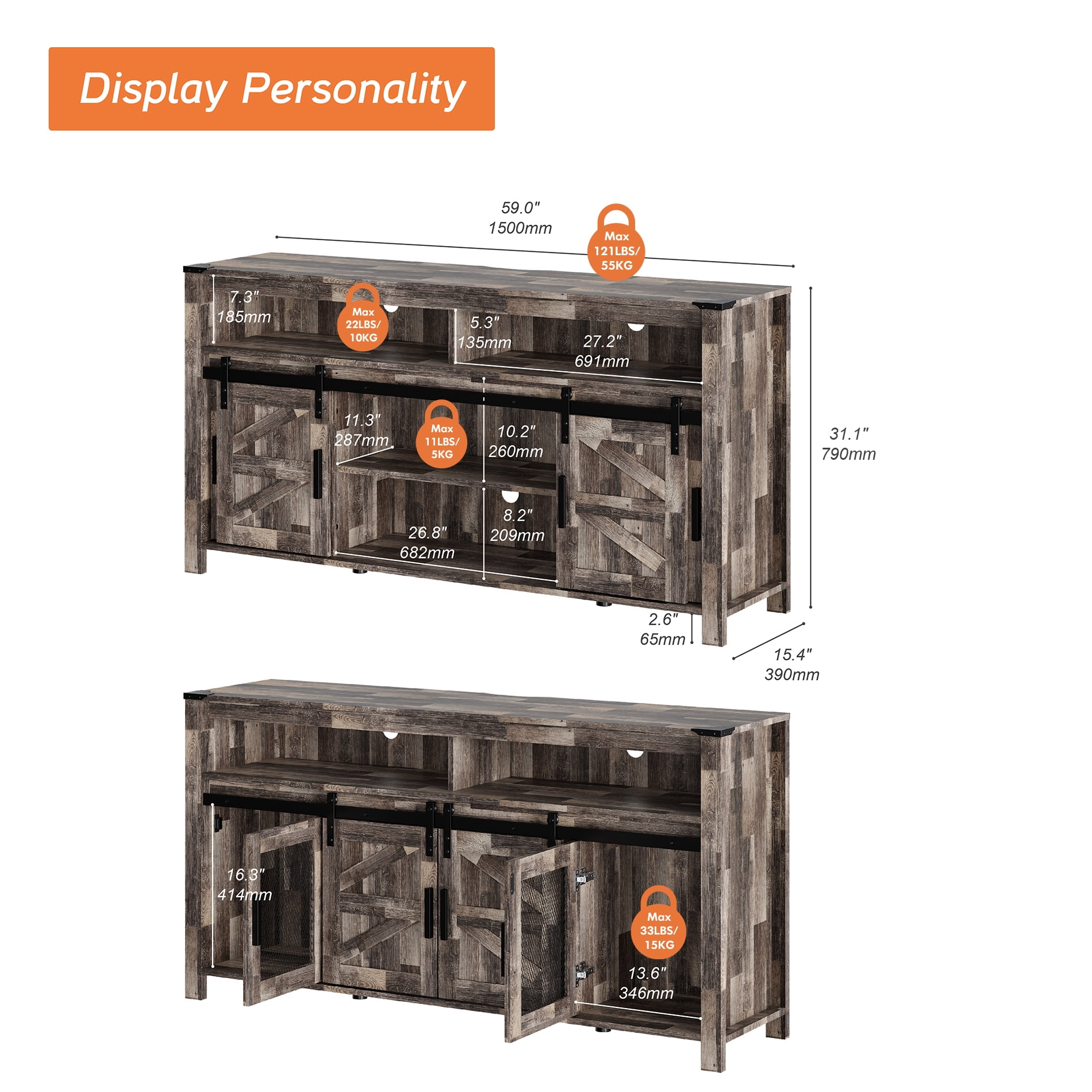 Tall TV Stand with Blue LED Lights Strips for 65 inch TVs, Farmhouse Media Console Table with Mesh and Barn Doors for Bedroom, Living Room, Dark Rustic Oak, 59x15.4x31 - Image 6