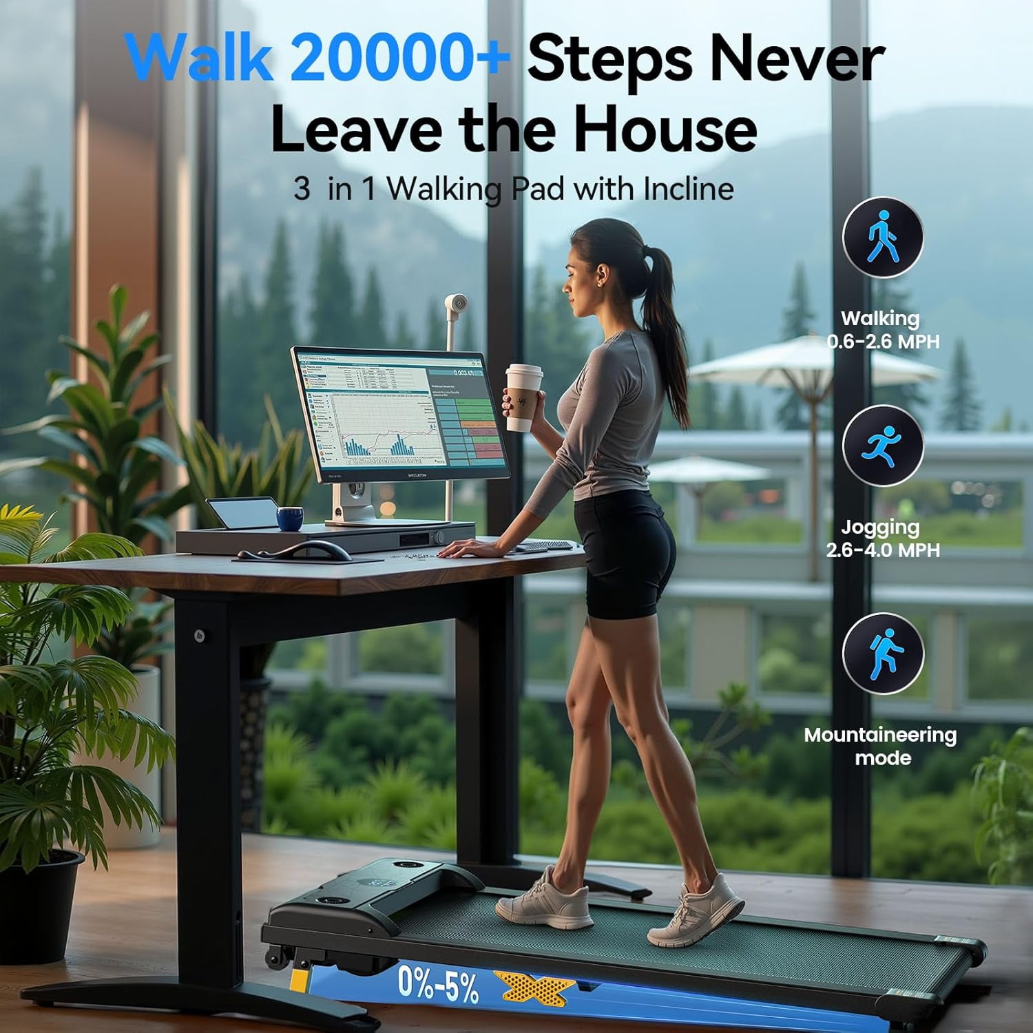 UPGO Under Desk Exercise Walking Pad Treadmill with Incline Portable Treadmill with Remote Control, LED Display, Safety Switch, Unisex - Image 3