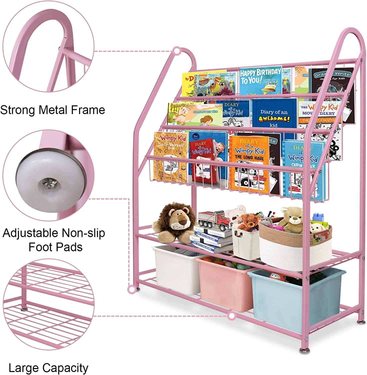 aboxoo Metal Kids Pink Bookshelf Freestanding for Children Girls Room 32 inches Large Toddler Pink Stable Bookcase Bookstore Library Book Unit Storage - Image 8