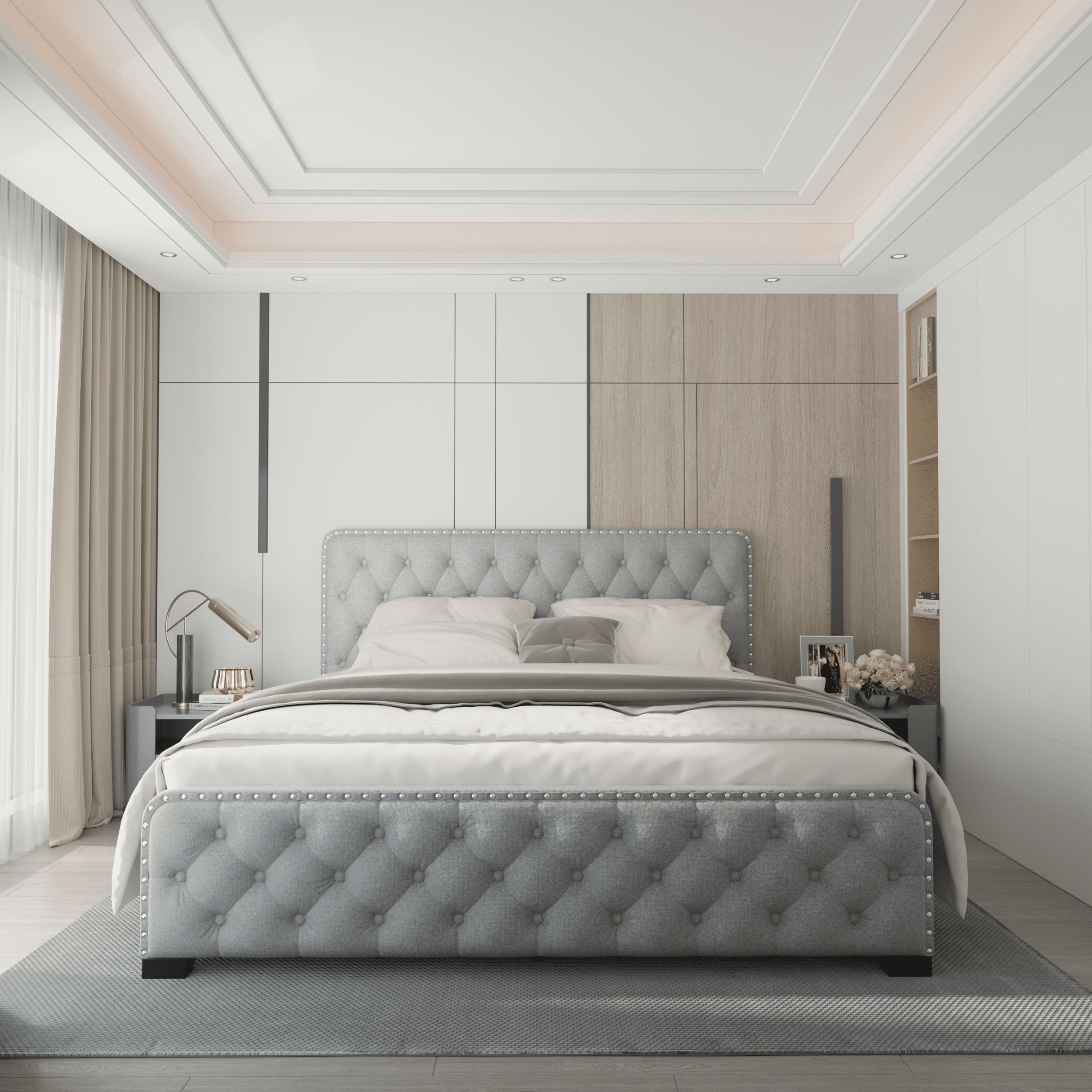 TrumanPick Queen Size 4 Drawers Bed Frame with Adjustable Upholstered Button Headboard, Adult, Grey - Image 7