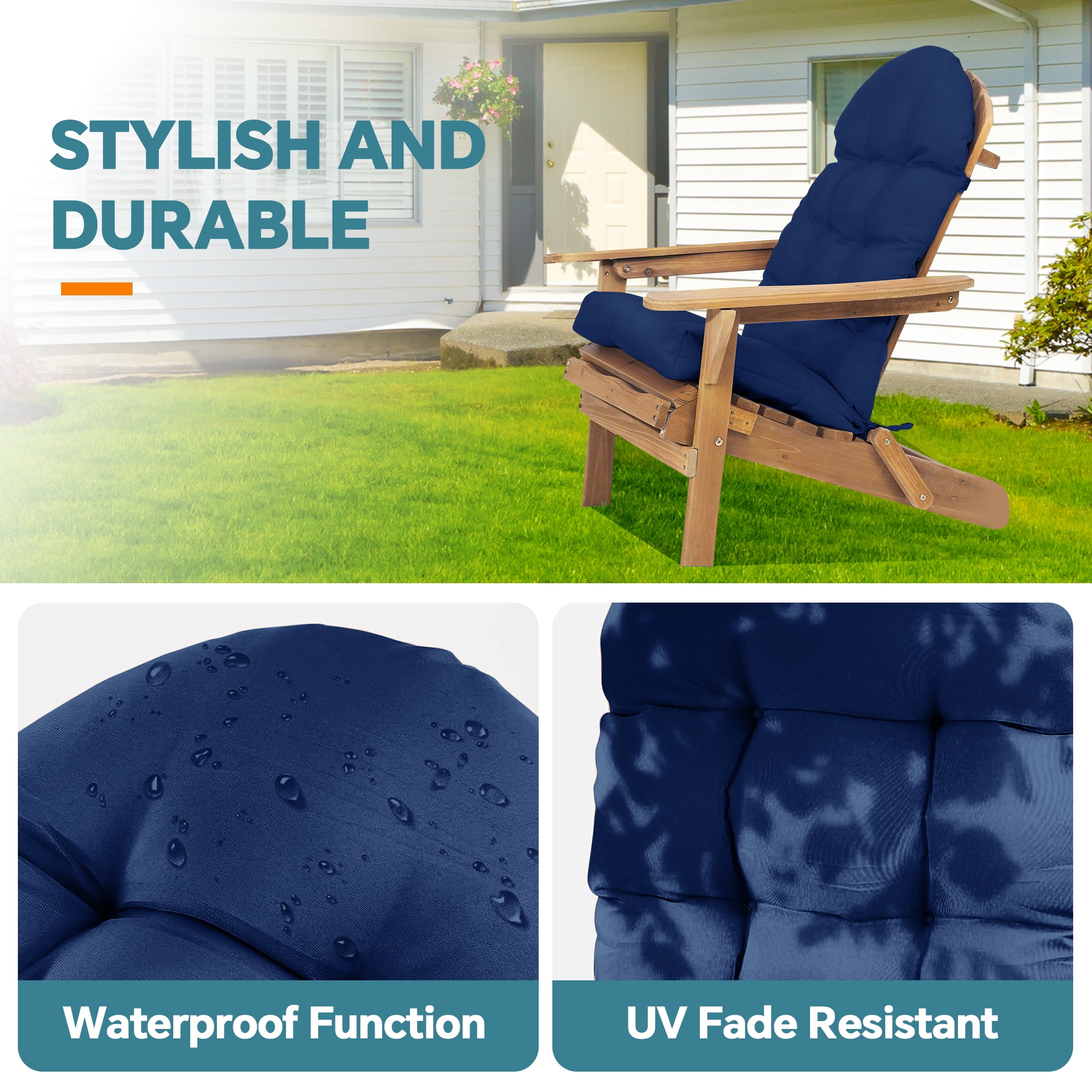 HioHa Adirondack Chair Cushion, 49x20x4.5 inch Patio Chair Cushion with Ties, Rocking Chair Pad Cushion Indoor/Outdoor with Sunproof Waterproof and Fade-Resistant(Blue, 2pc) - Image 7