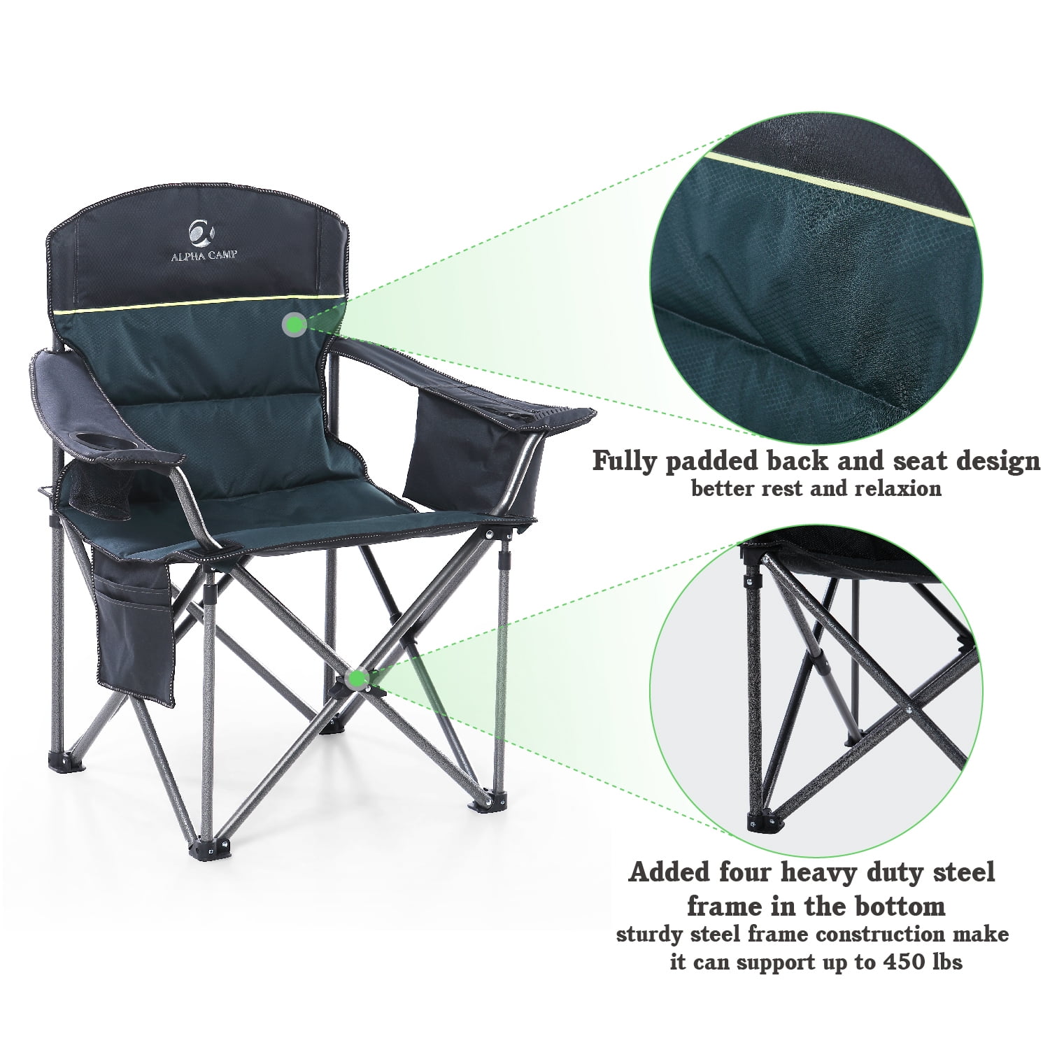 Alpha Joy Oversized Camping Chair Portable Padded Quad Chair Heavy Duty Lawn Chair Steel Frame Arm Chair with Cooler 450LBS Weight Capacity Suitable for Outdoor Camping, Green,Adult - Image 8