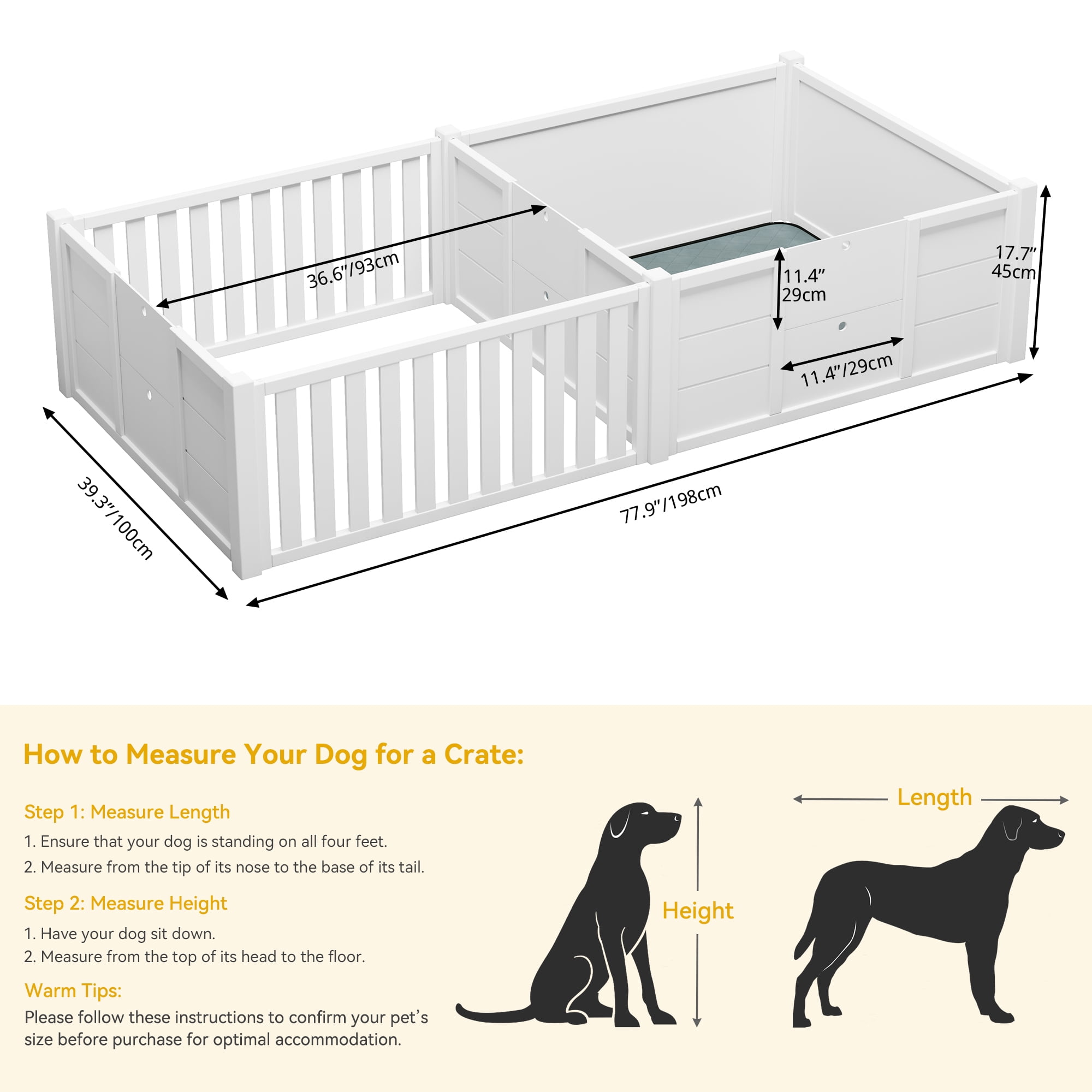 Dextrus Whelping Box for Dogs,Spacious Wooden Dog Pen with Waterproof Floor Mat, Double Rooms for Large, Medium and Small Dogs Puppies,78"L x 39.4"W x 17.7"H,White - Image 6