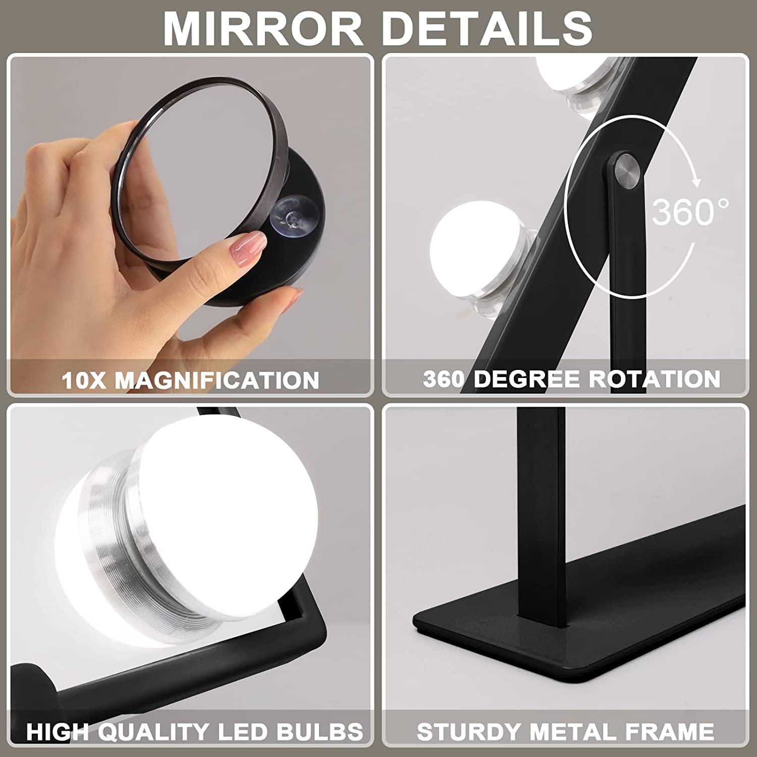 COOLJEEN Hollywood Makeup Vanity Mirror with Lights Bluetooth Wireless Charging Tabletop Metal Black - Image 2
