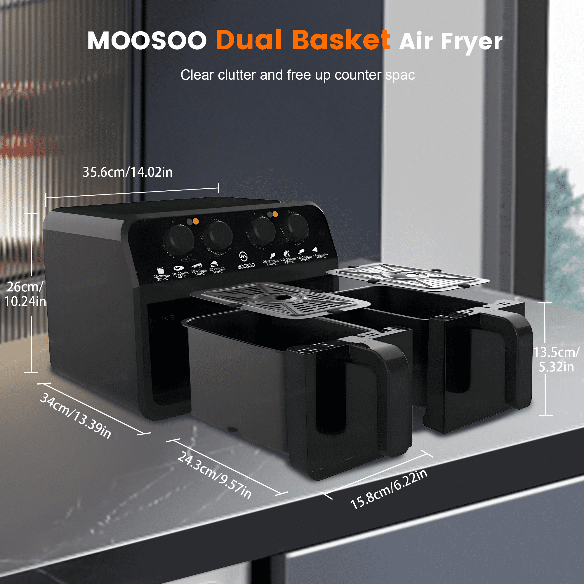 MOOSOO Dual Basket Air Fryer Oven, 6.4Qt Air Fryer, Black, New, Dishwasher Safe 2 Nonstick Basket - Image 6