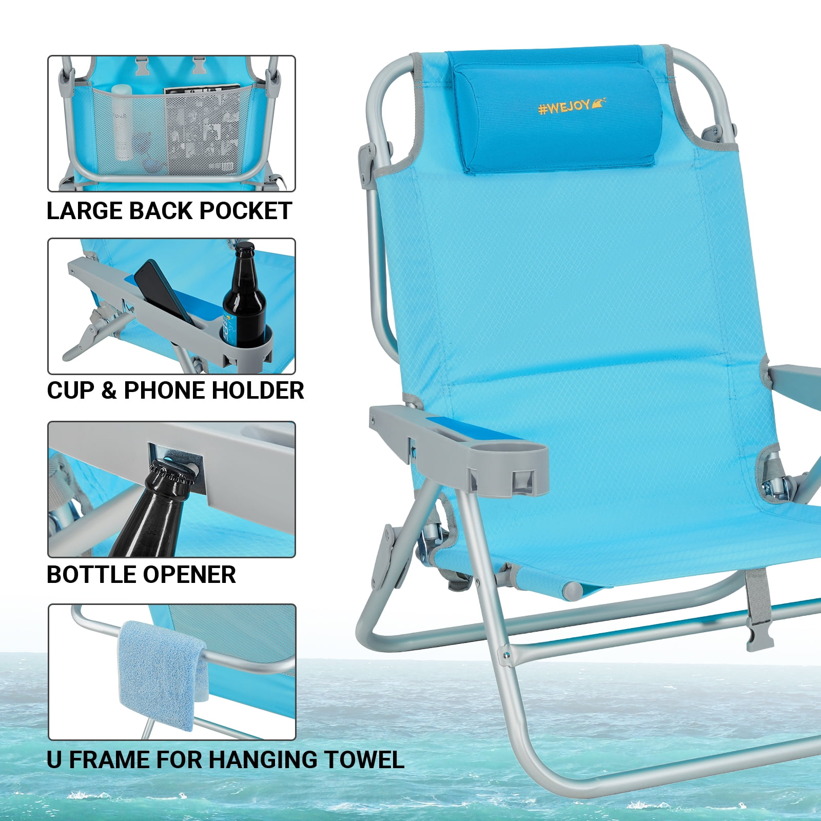 #WEJOY Folding Low Beach Chair, 5-Position Reclining Camping Chair, Portable Backpack Chairs, Backpack Beach Chairs for Adults with Cup Holder and Head Pillow, Supports up to 300 lbs - Image 4