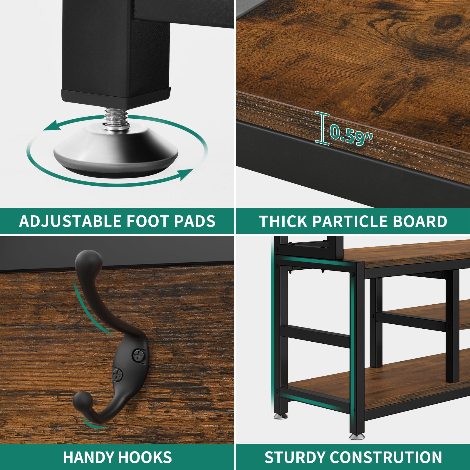 Dextrus Entryway Coat Rack with Bench and Shoe Storage, 5-in-1 Coat Tree with 16 Hooks, Rustic Brown - Image 7