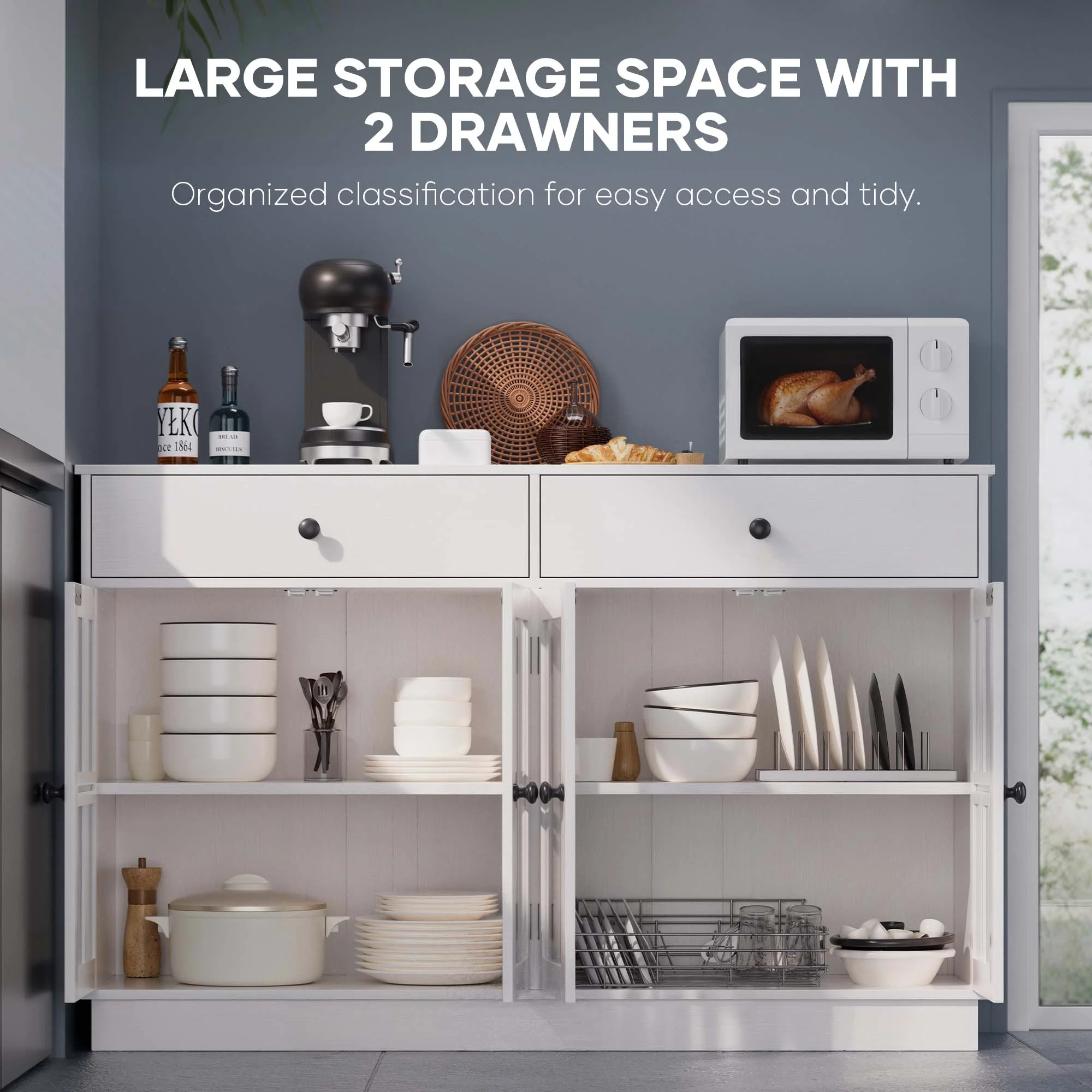 MARNUR 53.3" Modern Sideboard Buffet with 2 Drawers & 4 Glass Doors & LED Light, Large Kitchen Cabinet for Dining Room, Kitchen, Living Room, White - Image 7