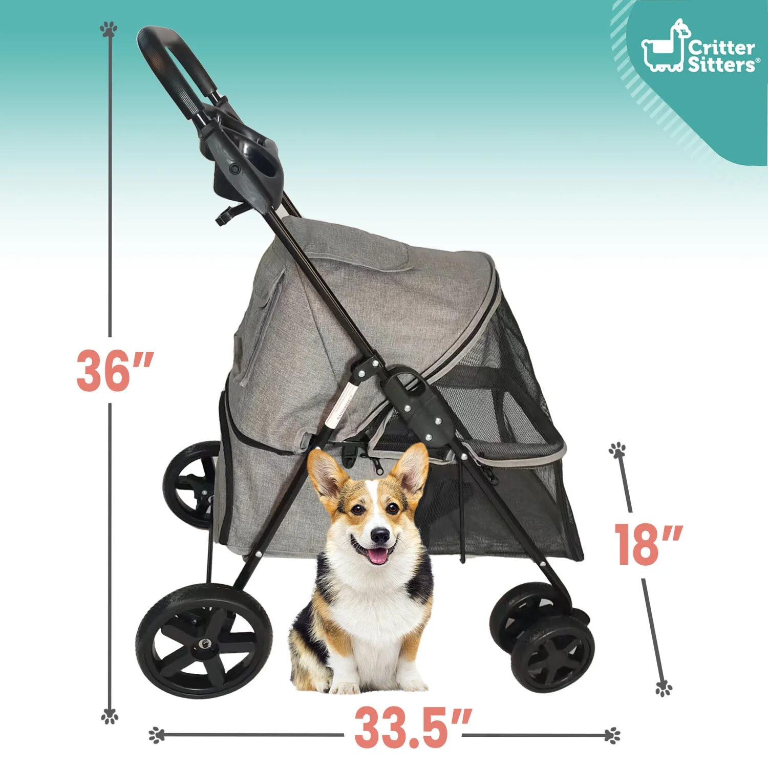 Critter Sitters Grey Foldable Pet Stroller for Small Dogs/Cats with Breathable Scratch Resistant Mesh Window - Image 6