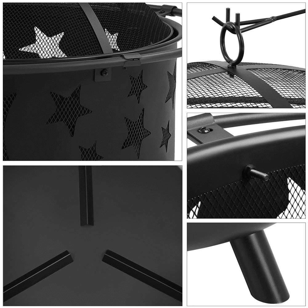 Alden Design Iron Fire Pit with Poker Mesh Cover for BBQ Backyard Patio, Black - Image 2