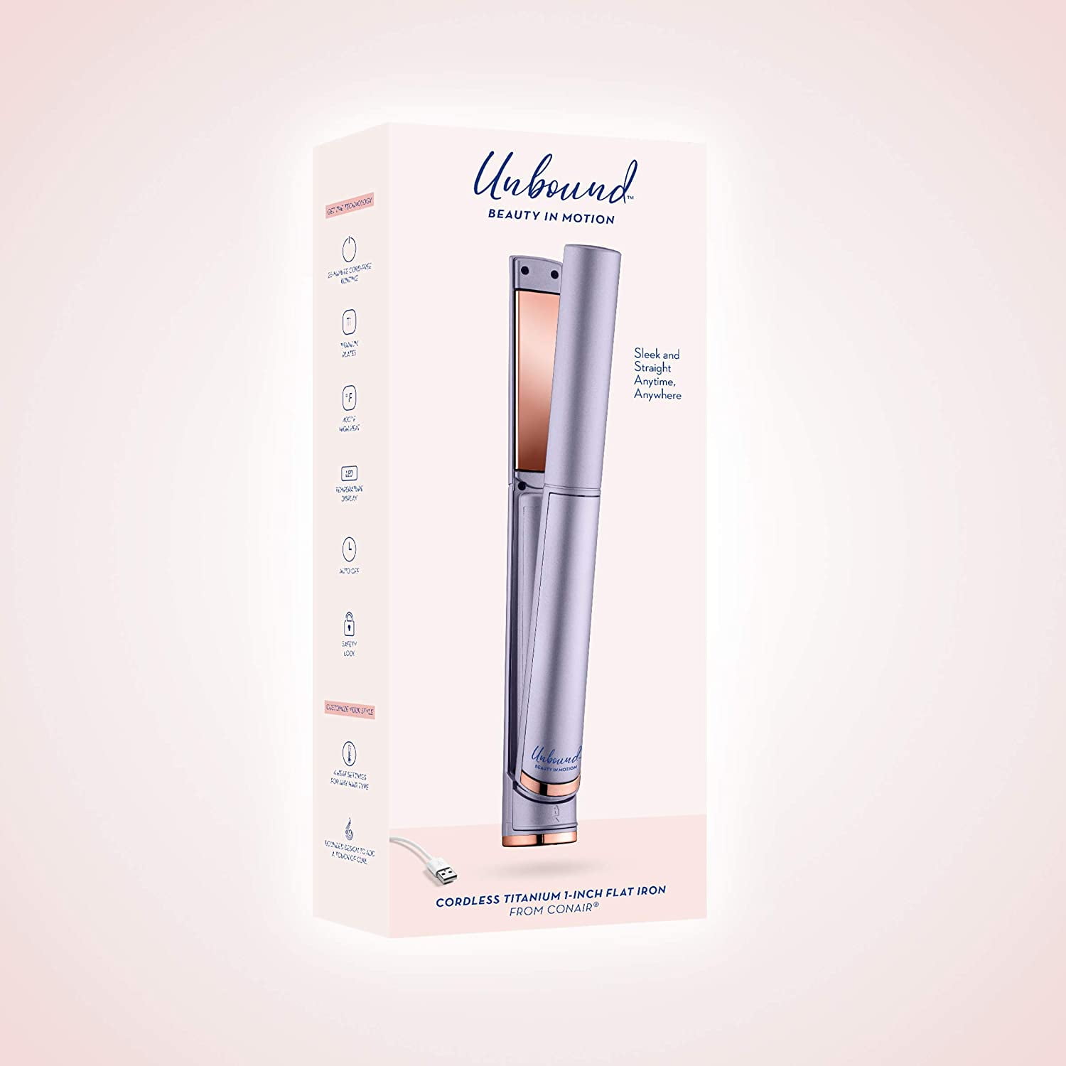 Conair Unbound Travel Size Professional 1" Titanium Flat Iron Hair Straightener, Cordless, Purple - Image 2