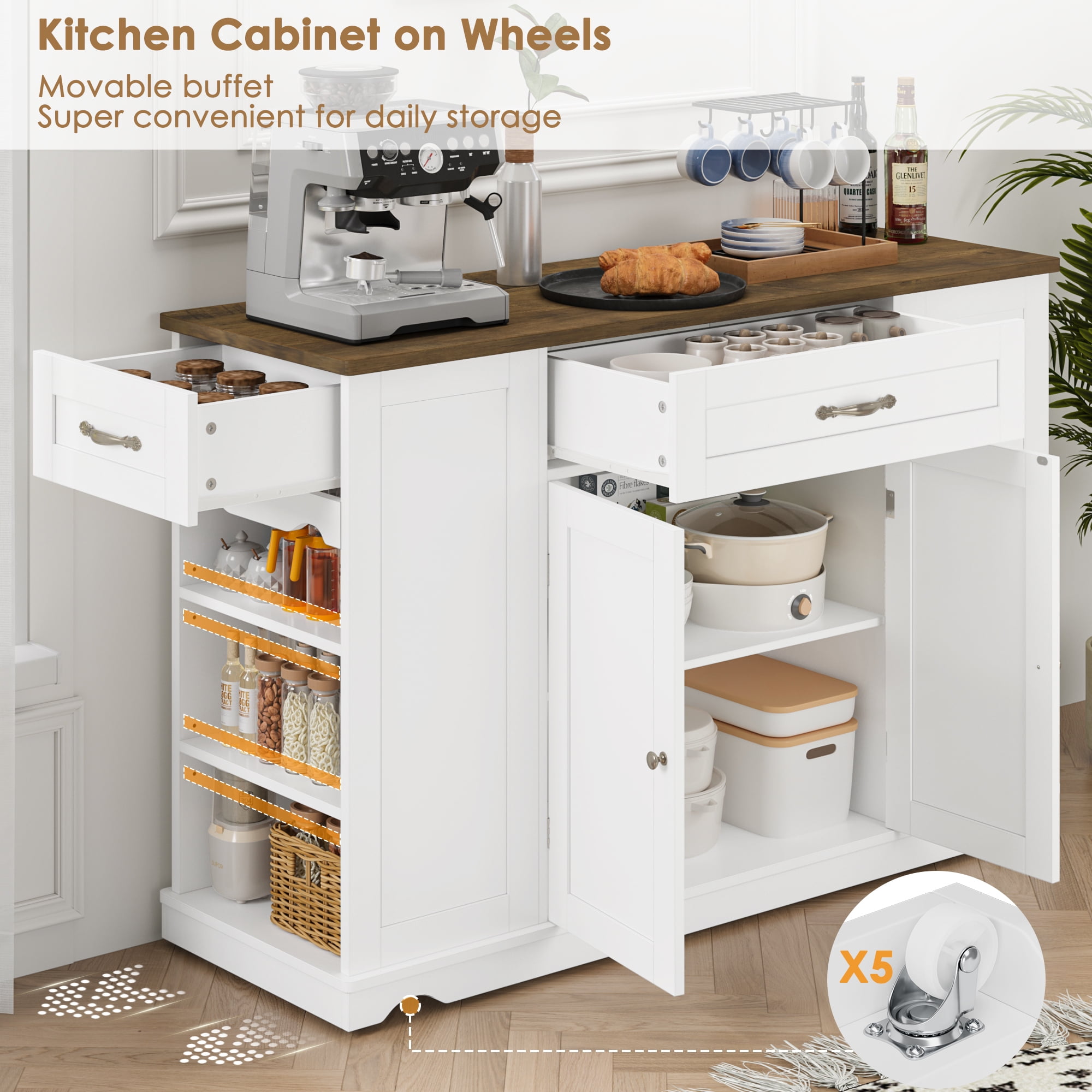 Homfa Kitchen Island with Wheels & Adjustable Shelf, 2 Drawer Modern Buffet Cabinet Sideboard Coffee Bar for Dining Room Living Room, White - Image 5