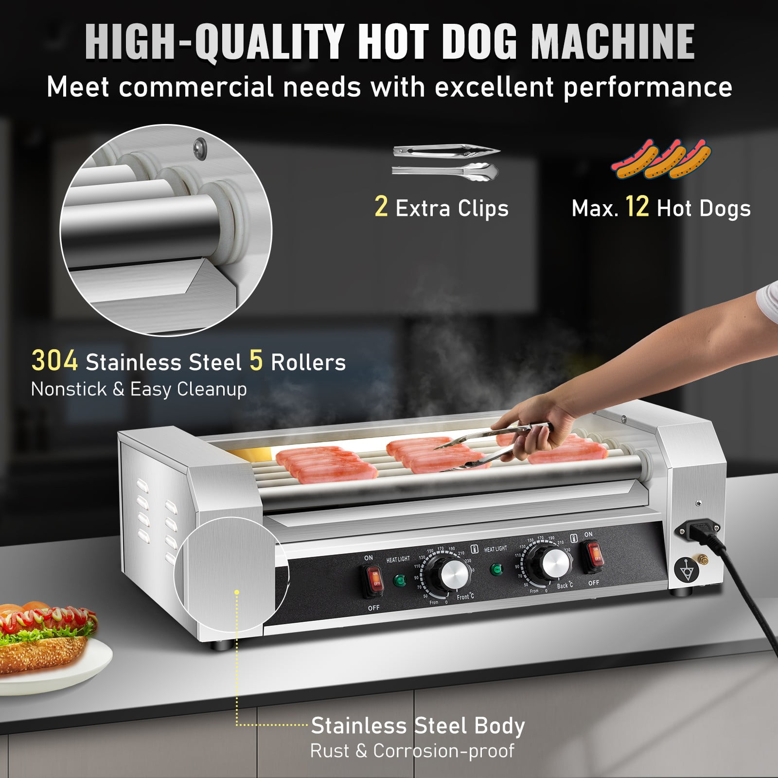 BENTISM Commercial 12 Hot Dog 5 Roller Grill Cooker Machine Stainless Steel 750W - Image 9