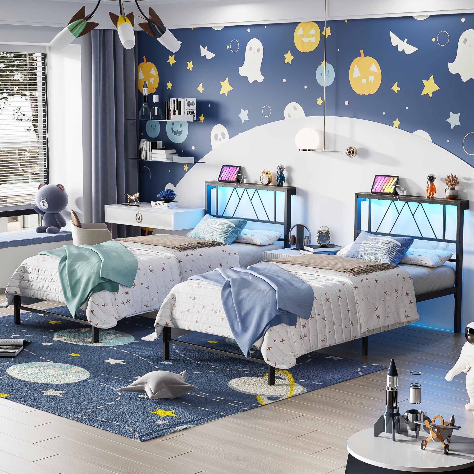 Yoneston Twin Size Platform Bed Fame with LED and Charging Station Storage Headboard No Box Spring Need for Kids Furniture, Black - Image 2