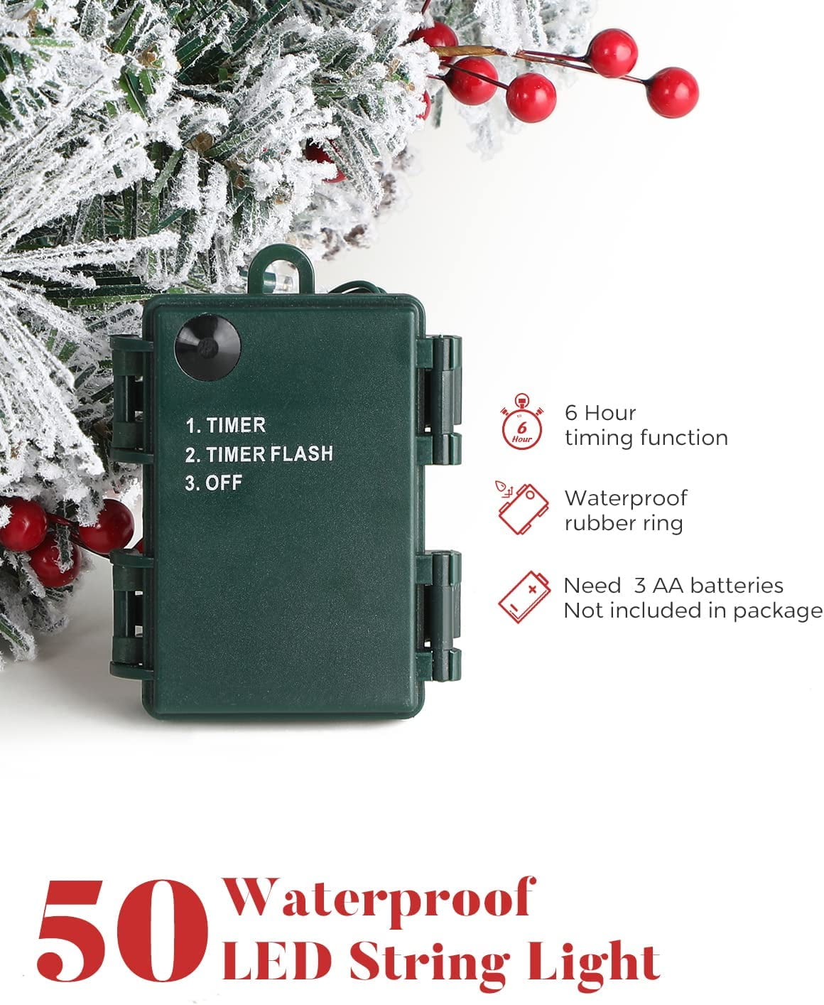 OasisCraft 24 Inch Outdoor Christmas Tree 2 Set, Pre-lit Mini Flocked Christmas Tree Artificial Pathway Xmas Tree 50 LED with Red Berries, Pinecones for Porch Holiday Decor, Green - Image 5