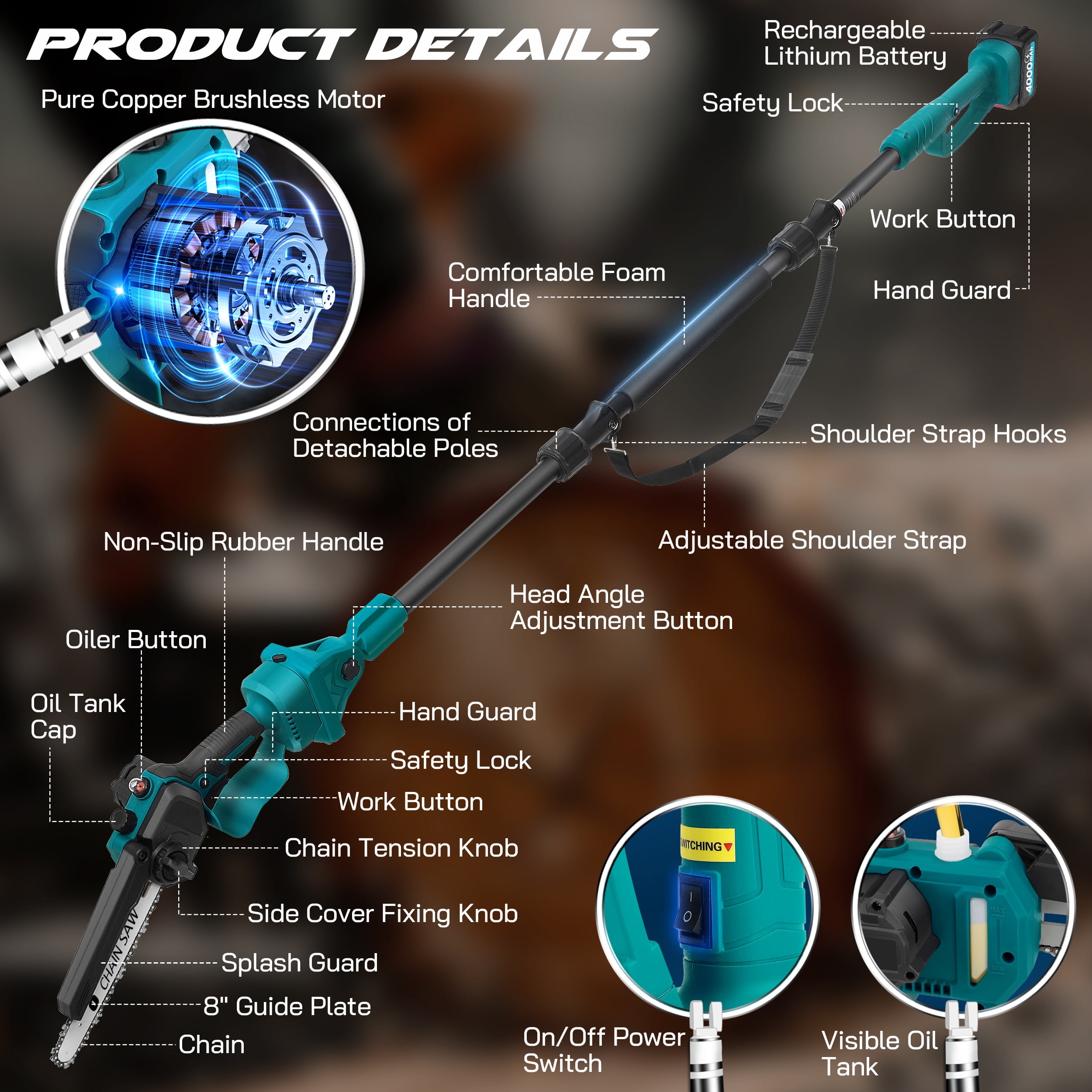 RELOIVE 2-in-1 Brushless Pole Saw & 8" Chainsaw, 21V 4000mAh 14.1ft Cordless for Tree Trimming/Wood Cutting - Image 13