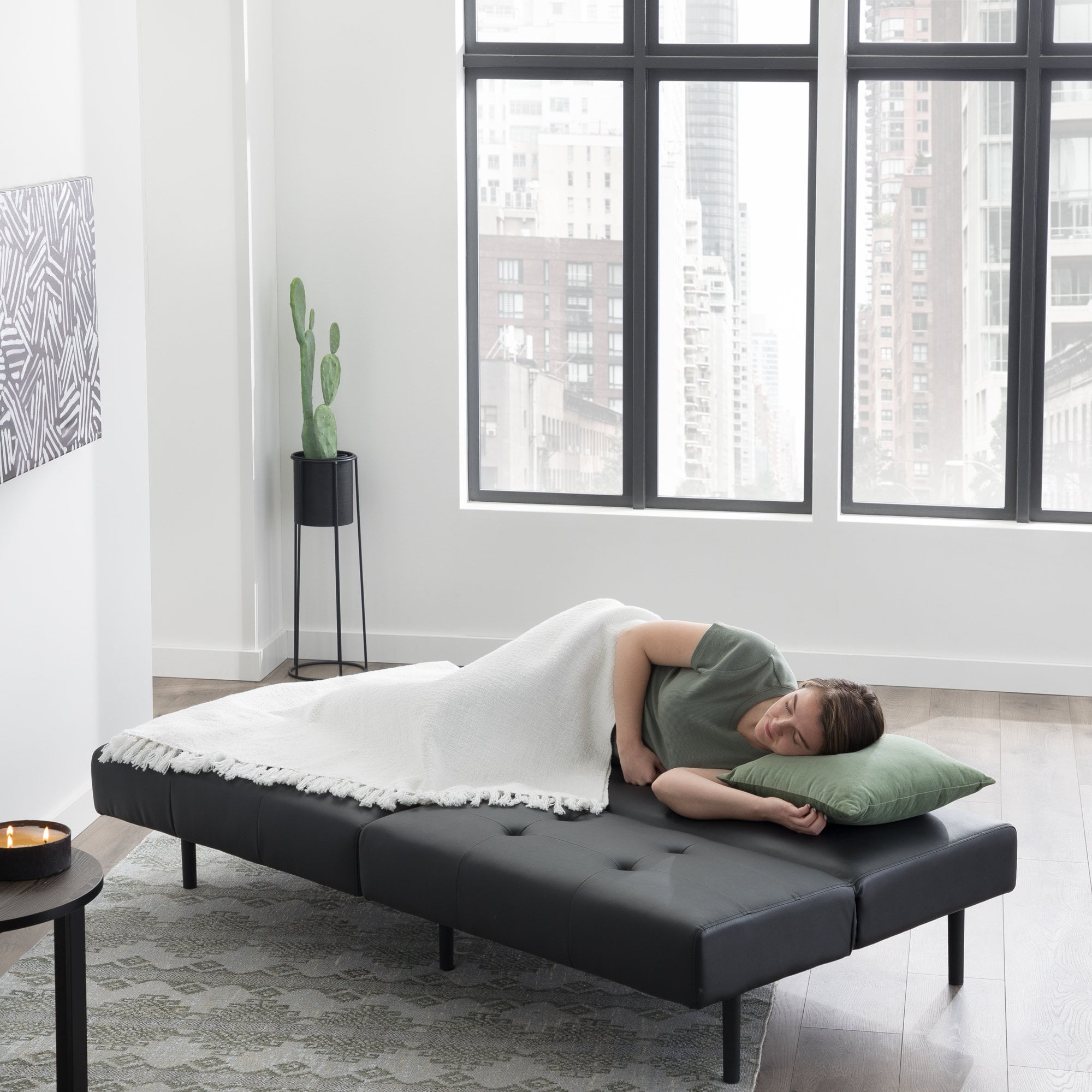 Mayview 68.5" Armless Sofa Bed with Tufting, Black Faux Leather - Image 5