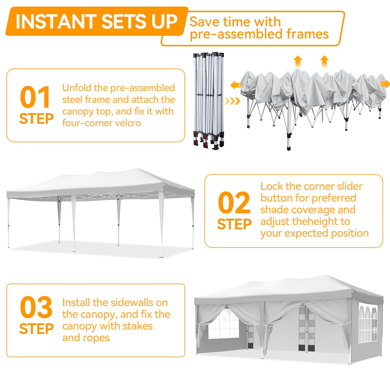 VECUKTY 10 x 20ft Pop up Canopy Tent with 6 Sidewalls, Wheeled Bag, Shelter for Outdoor Shade,White - Image 5