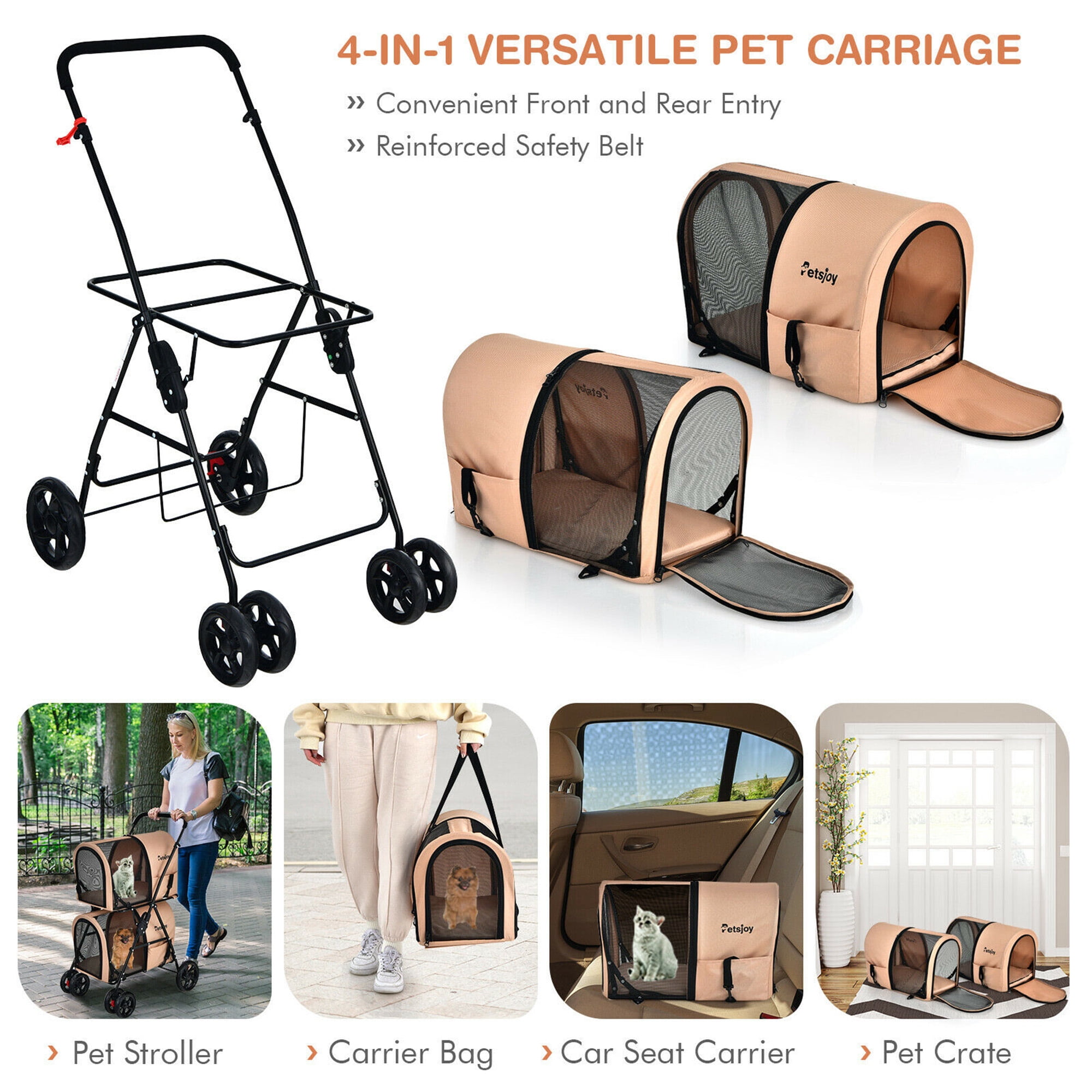 Gymax 4-in-1 Double Pet Stroller w/ Detachable Carrier Travel Carriage for Cats Beige - Image 2