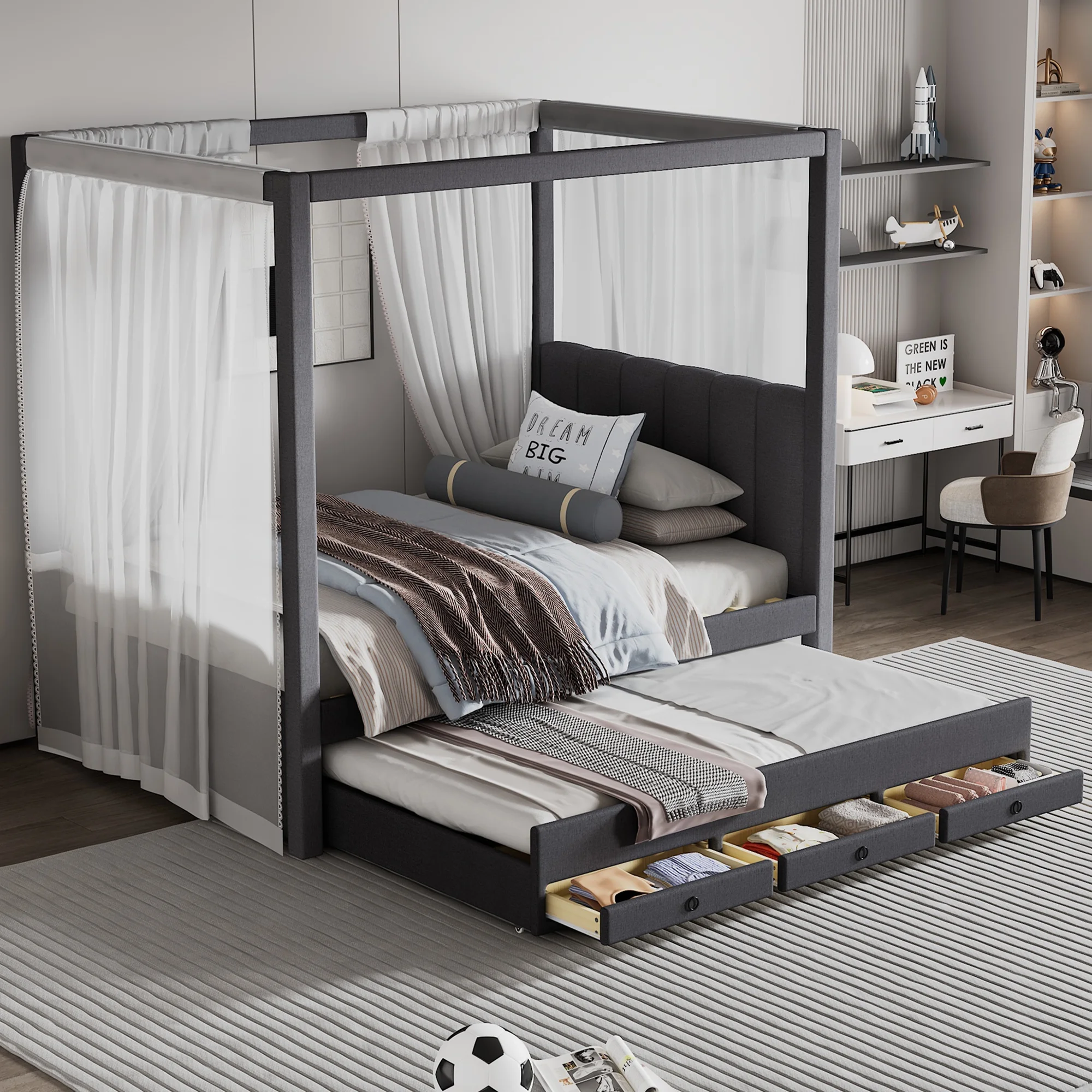 EUROCO Upholstered Twin Size Canopy Bed Frame with Trundle Bed and 3 Drawers, Platform Bed with Headboard for Kids Teens Adults, Gray - Image 6