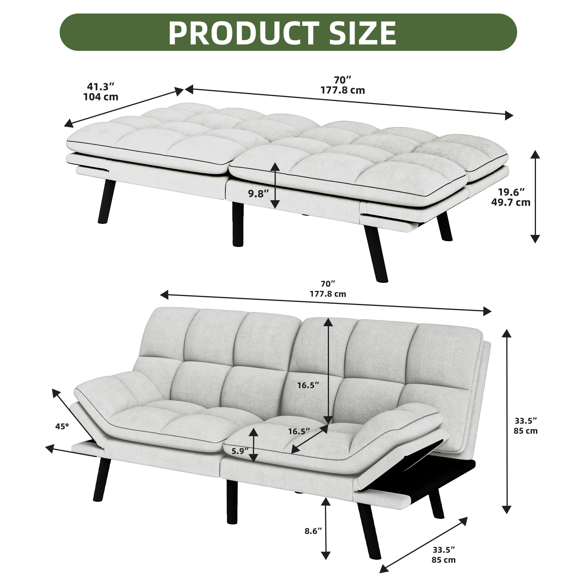 Uforic 70" Deep Futon Convertible Sofa Bed with Adjustable Backrest and Armrest, Cat-Scratch-Proof Fabric Sleeper Couch, Beige - Image 8
