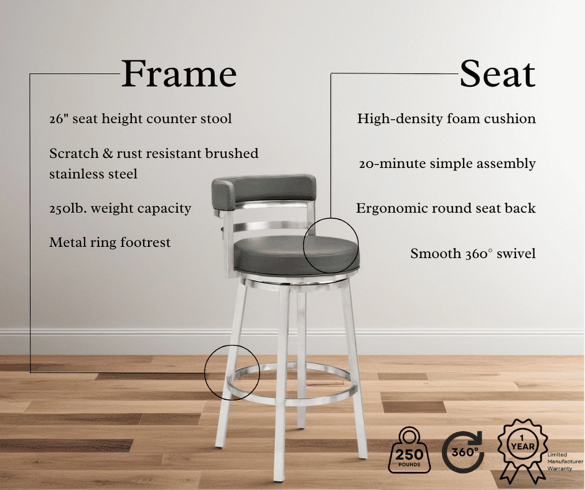 Madrid 26" Counter Height Swivel Gray Faux Leather and Brushed Stainless Steel Bar Stool - Image 3