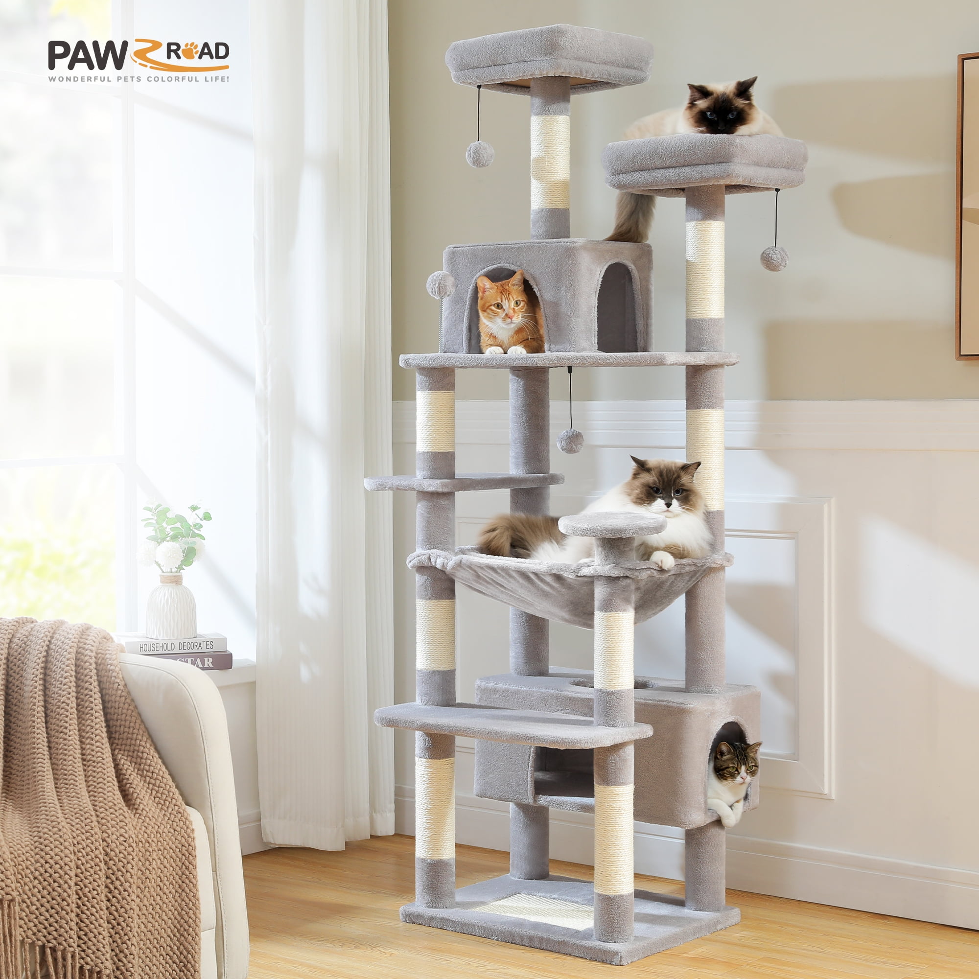 PAWZ Road 73"Cat Tree for Large Cats Multi Level Play Tower Condo 7 Sisal Cat Scratching Posts Gray - Image 4