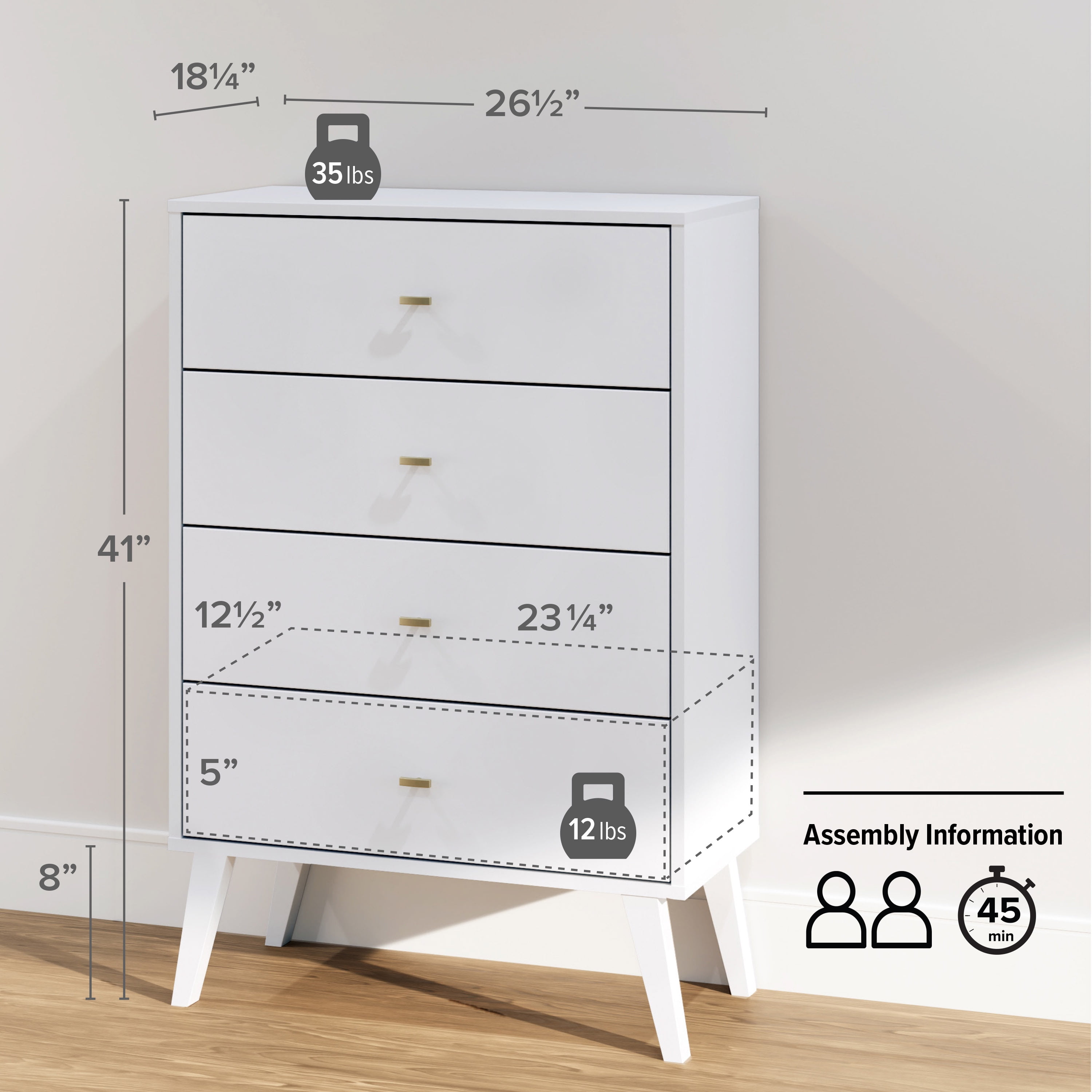 Prepac Milo Mid Century Modern 4-Drawer Vertical Chest, White - Image 3