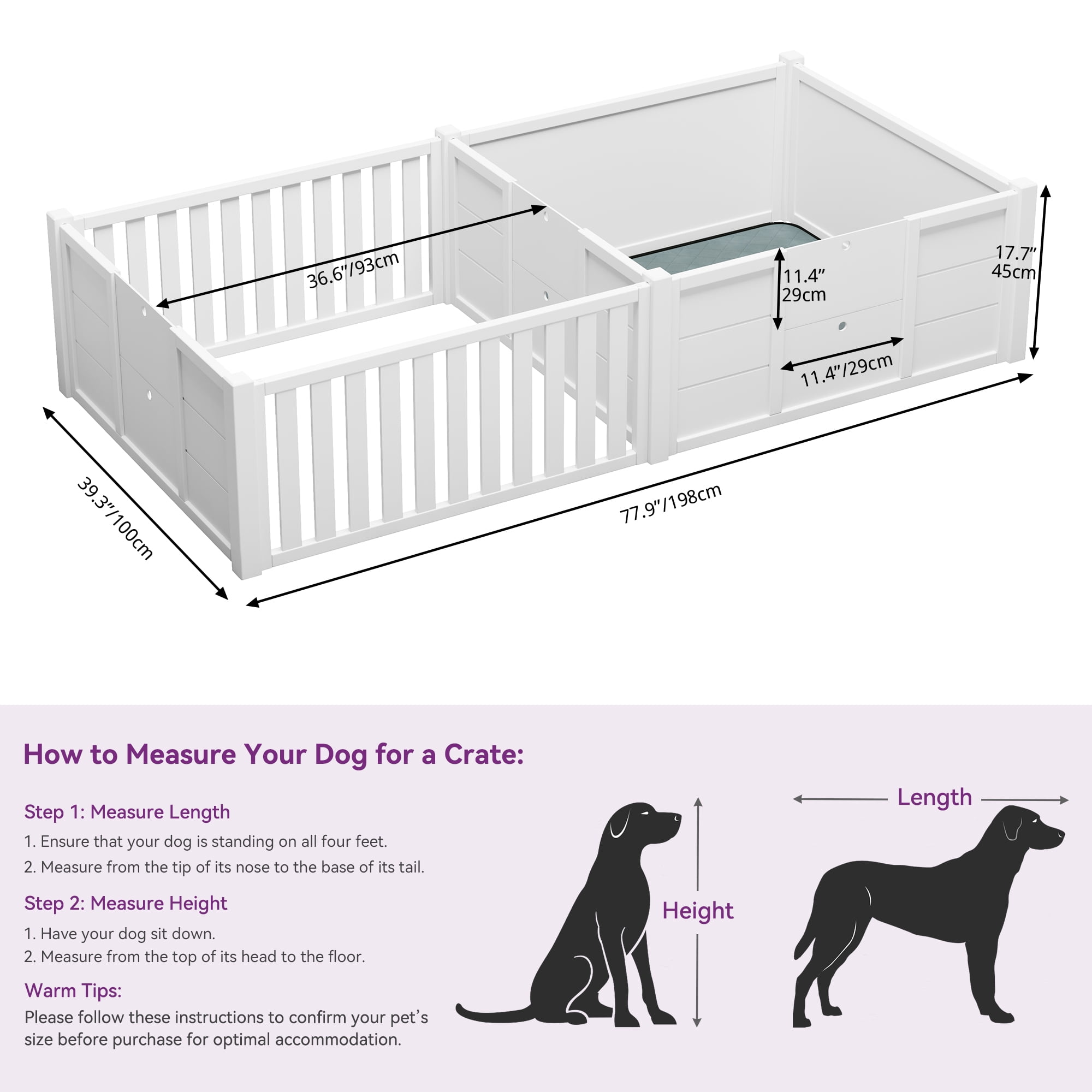 Uforic Whelping Box for Dogs,Spacious Wooden Dog Crate,Puppy Birthing Supplies with Waterproof Floor Mat, Double Rooms,78"L x 39.4"W x 17.7"H,White - Image 6