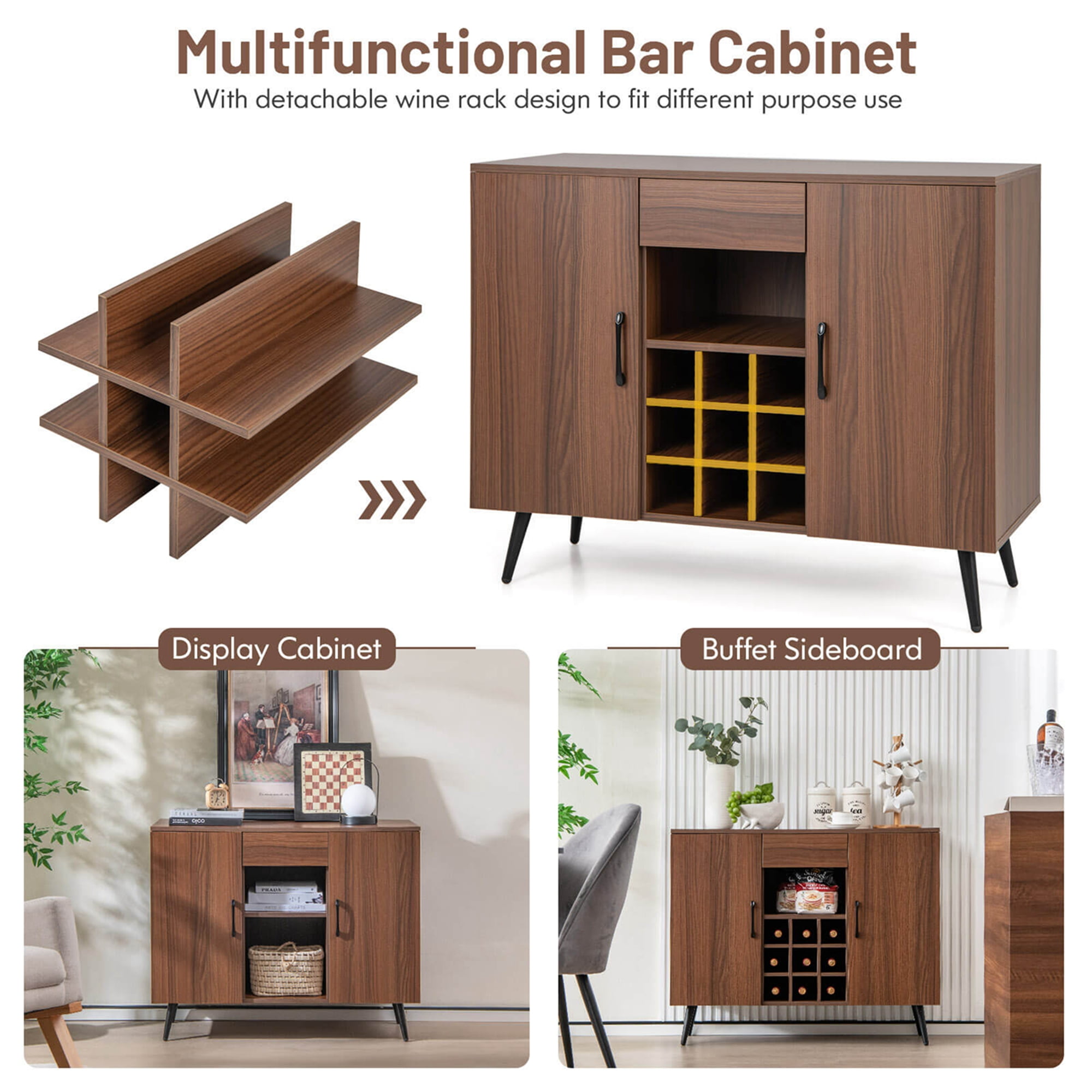 Costway Buffet Sideboard Cabinet Wine Bar Cabinet with Drawer & Adjustable Shelves - Image 5