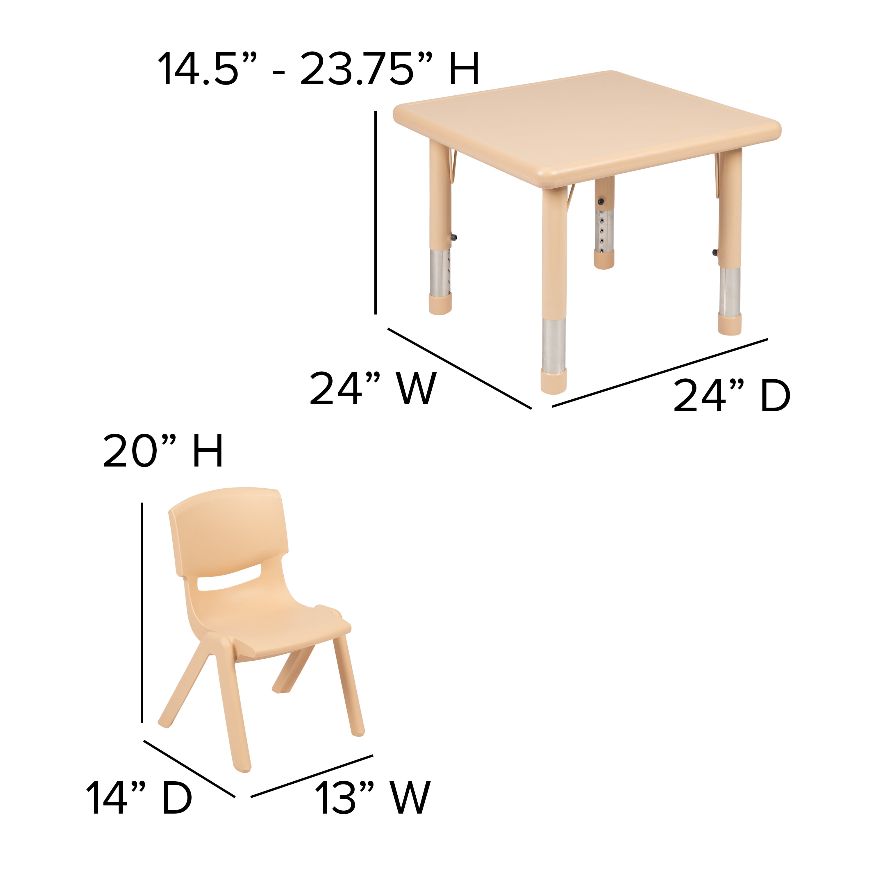 Flash Furniture 24" Square Natural Plastic Height Adjustable Activity Table Set with 2 Chairs - Image 9