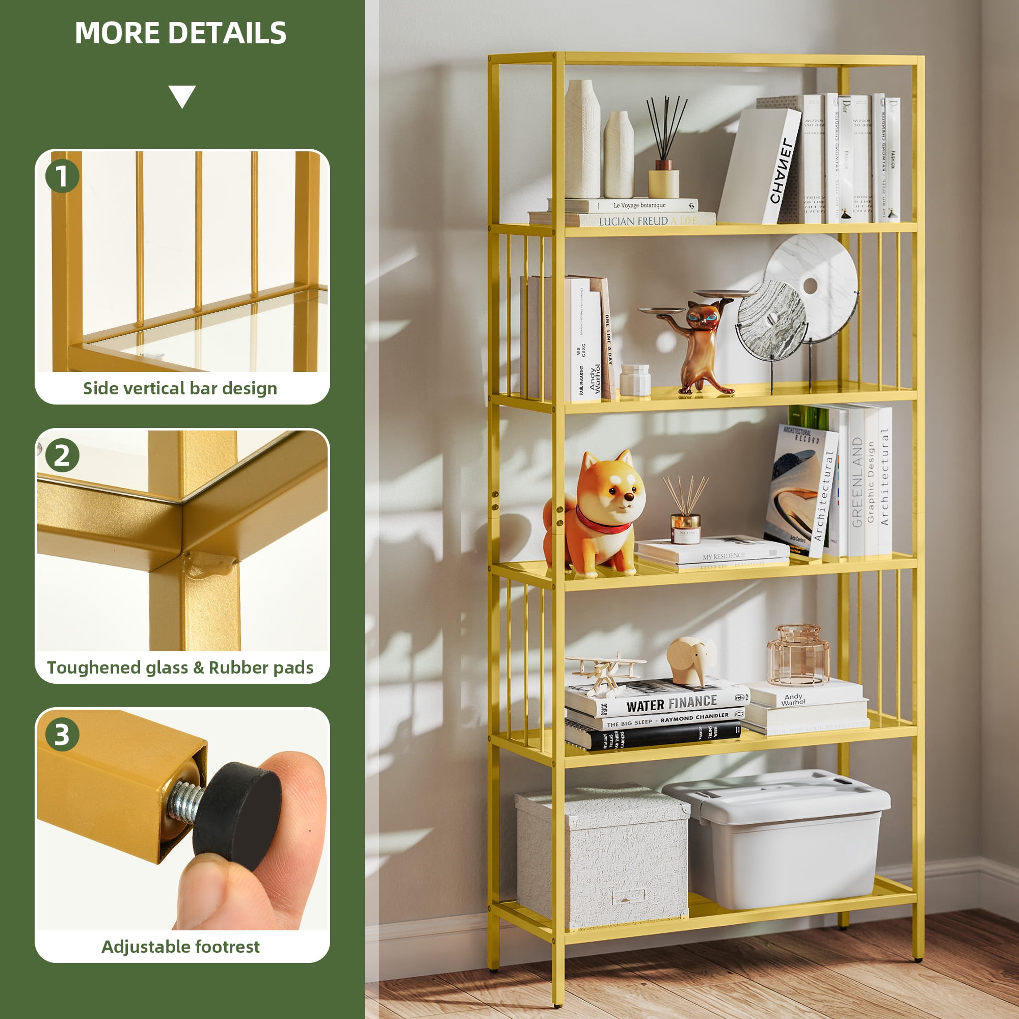 Uforic 6-Tier Gold Bookshelf, Modern Free Standing Storage Shelf with Metal Frame, Display Shelving Unit for Living Room, Acrylic and Gold Finish, Gold - Image 5