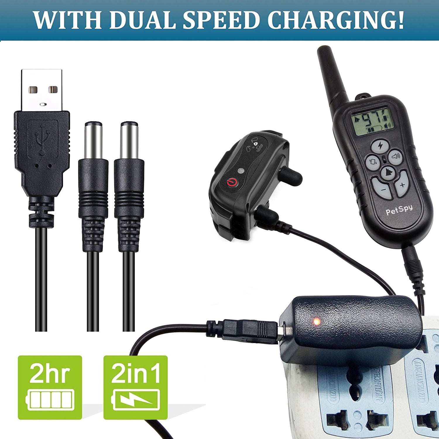 PetSpy Dual Dog Training Shock Collar for 2 Dogs with Beep, Vibration and Electric Shocking, Rechargeable and Waterproof E-Collar Remote Trainer - Image 3